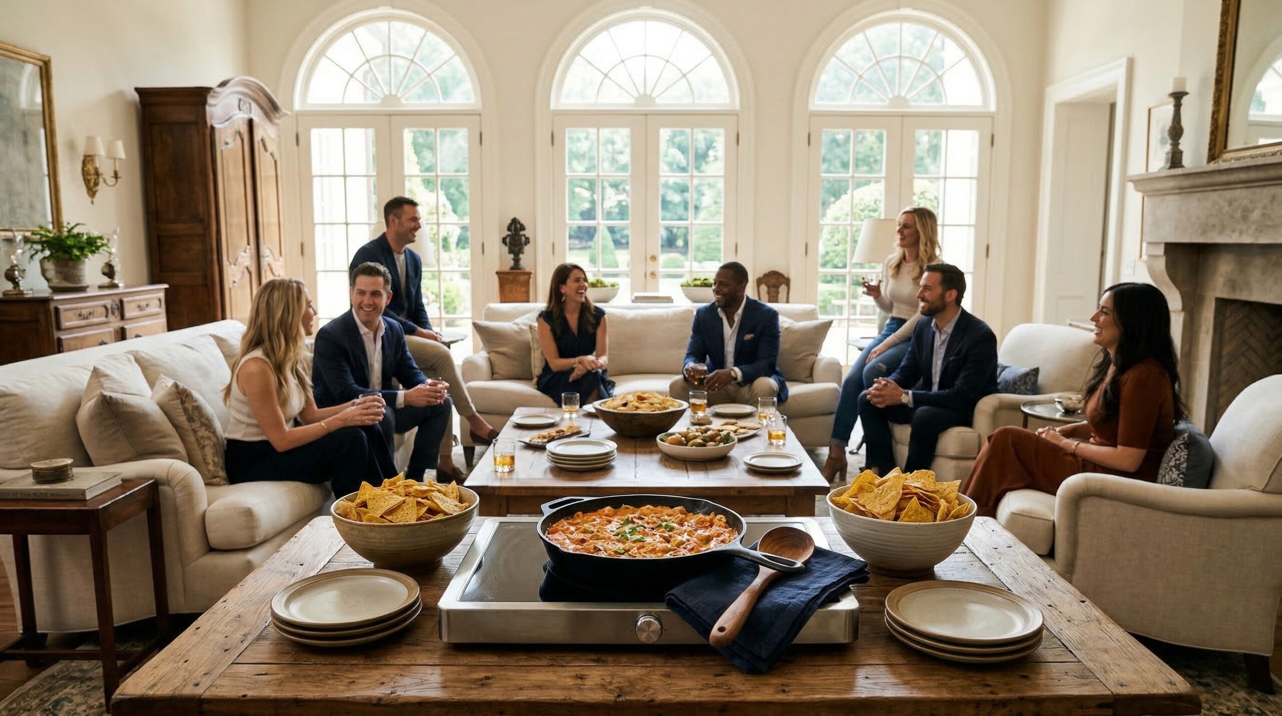 Abundant Buffalo Chicken Dip service for eight in a sun-drenched estate living room