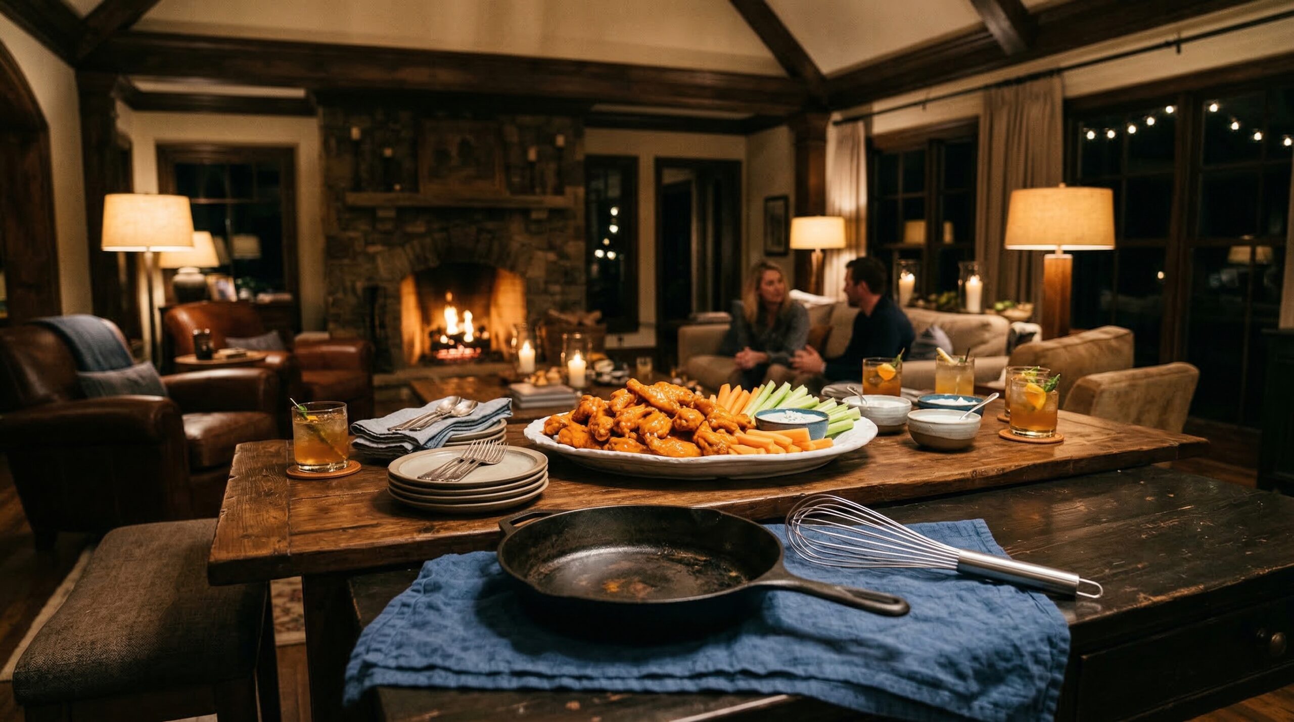 Late-night estate living room gathering for eight with a centerpiece of Hot Garlicky Wings