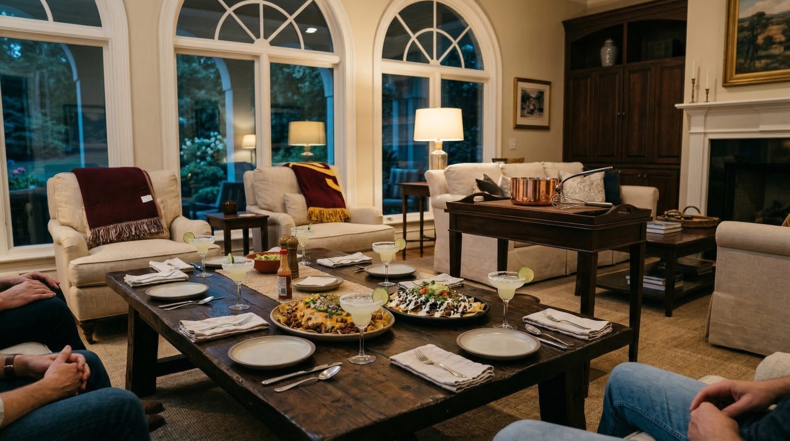 Evening game-day gathering in a low-lit estate living room featuring abundant nacho service for eight