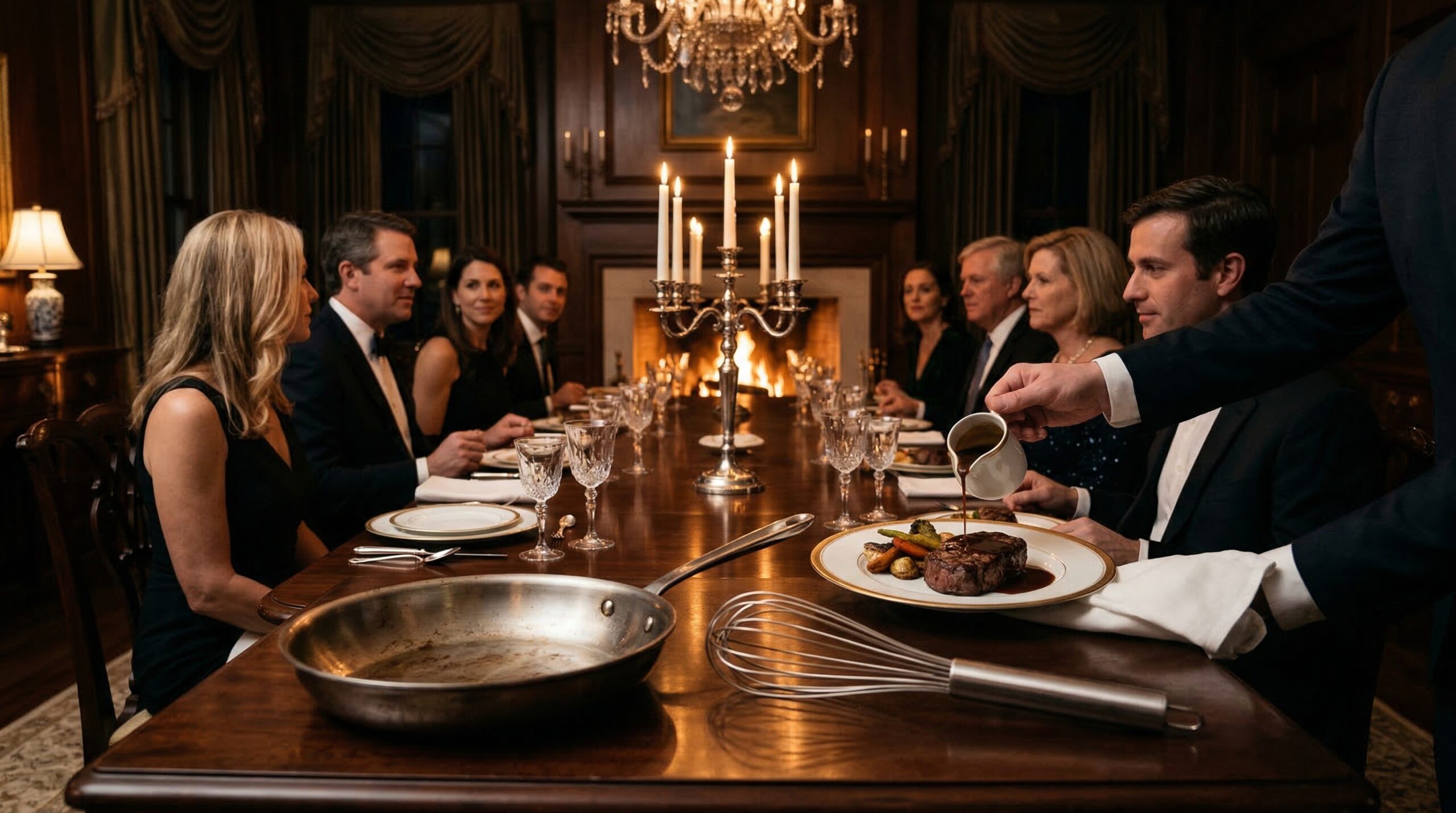 Formal estate dinner for eight with an active presentation pour of glossy pan sauce