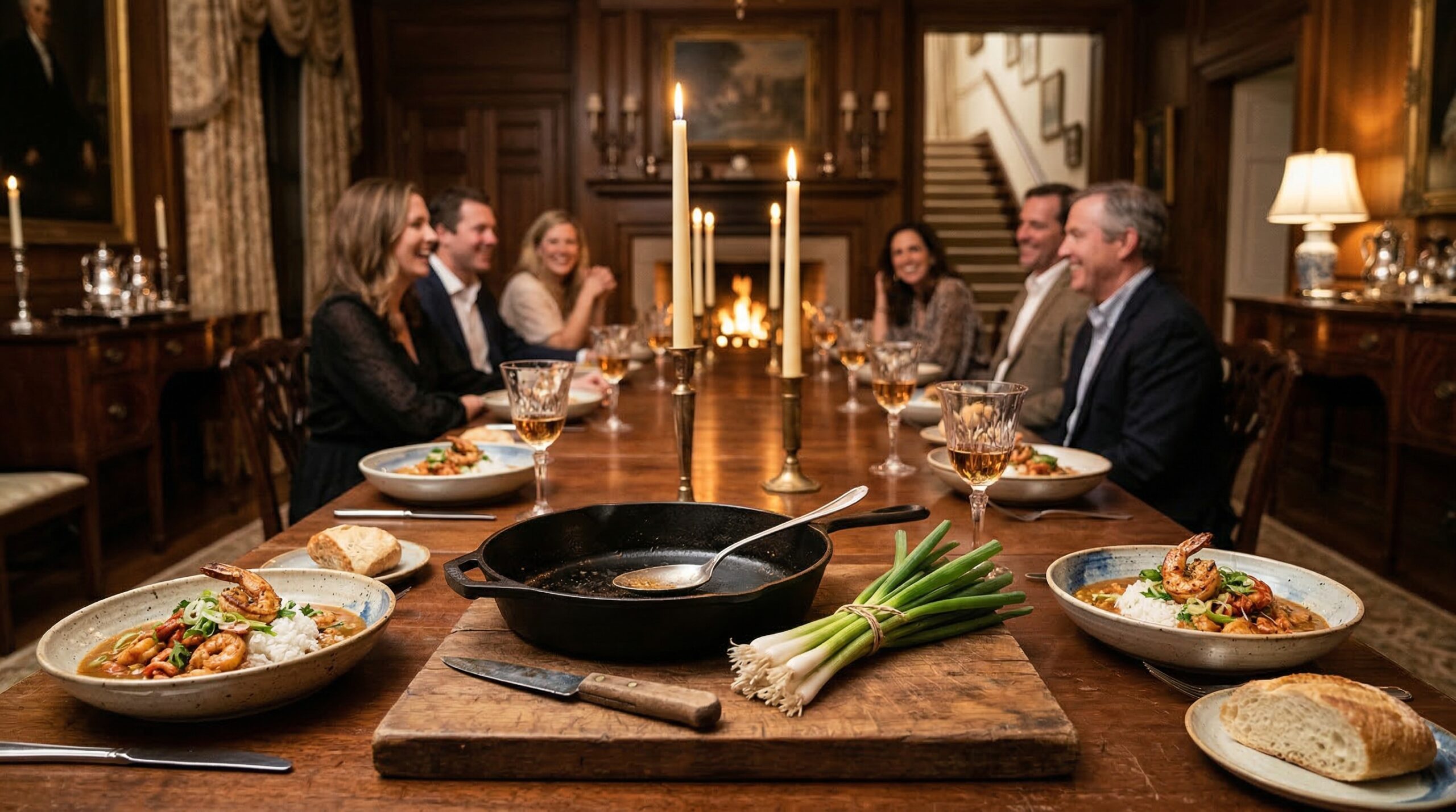 Intimate estate dinner for eight featuring abundant bowls of shrimp étouffée and sophisticated Southern ambiance