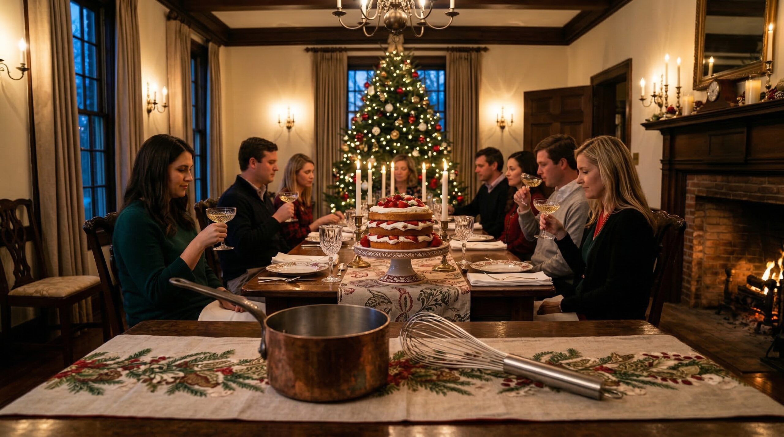 Candlelit estate dessert service for eight featuring cascading strawberry cake and crystal coupes