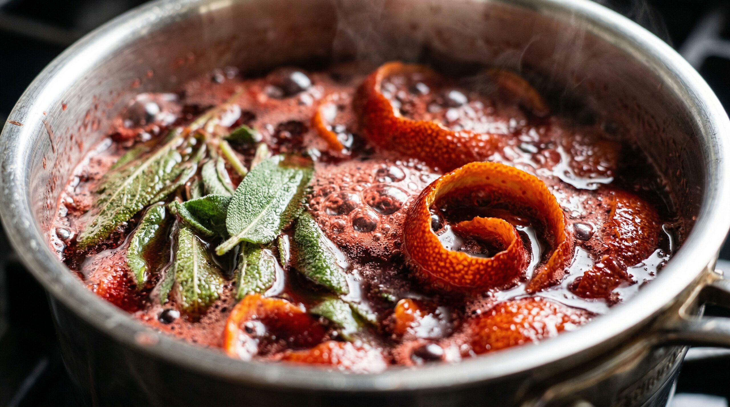 Macro detail of a thick, glossy, ruby-red liquid actively simmering with fresh sage leaves and curled blood orange peels inside a stainless steel saucepan