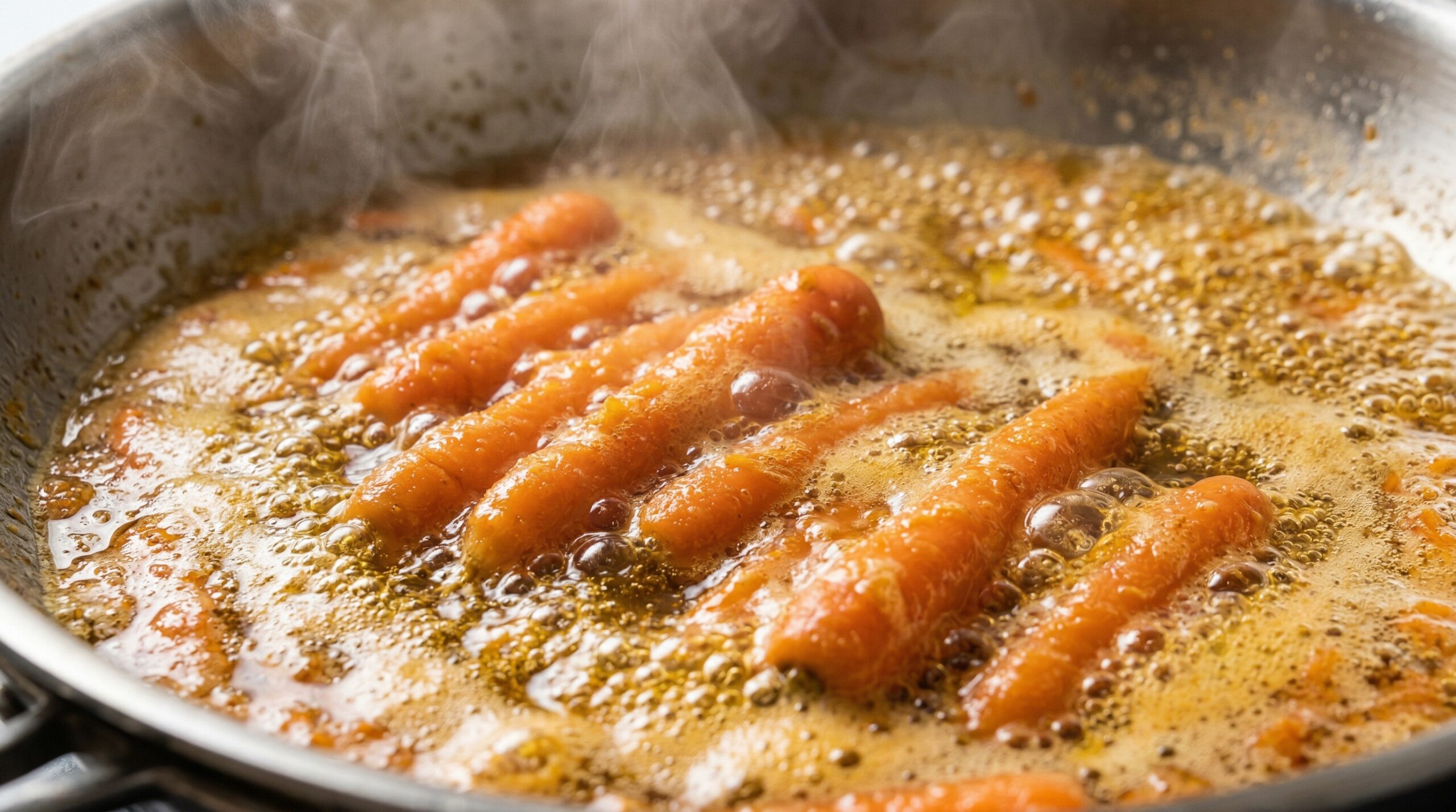 Macro detail of whole orange carrots actively simmering in a shallow, bubbling emulsion of hot water and shimmering golden olive oil inside a skillet
