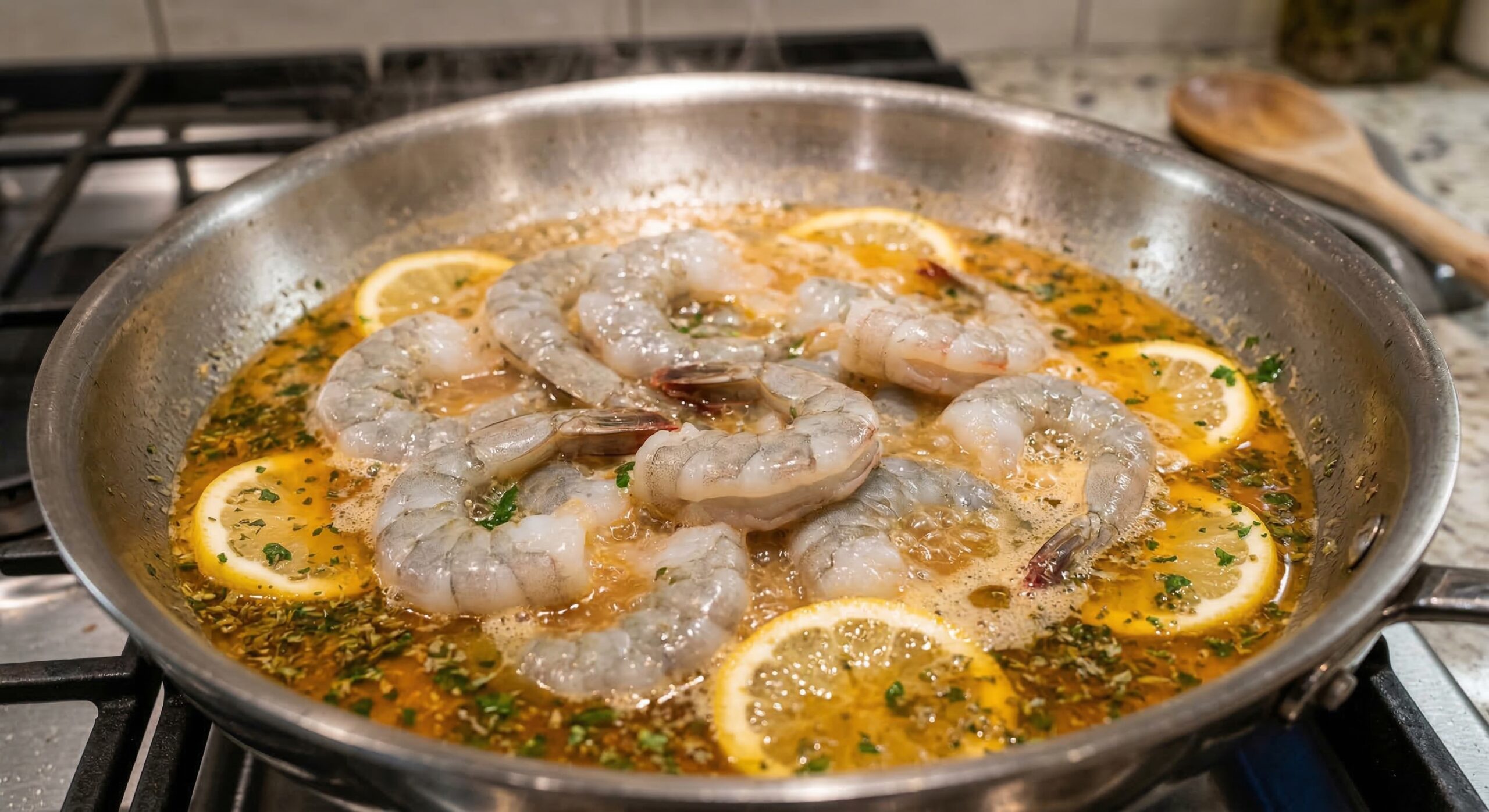 Jumbo shrimp cooking in a glossy, lemony Creole butter reduction