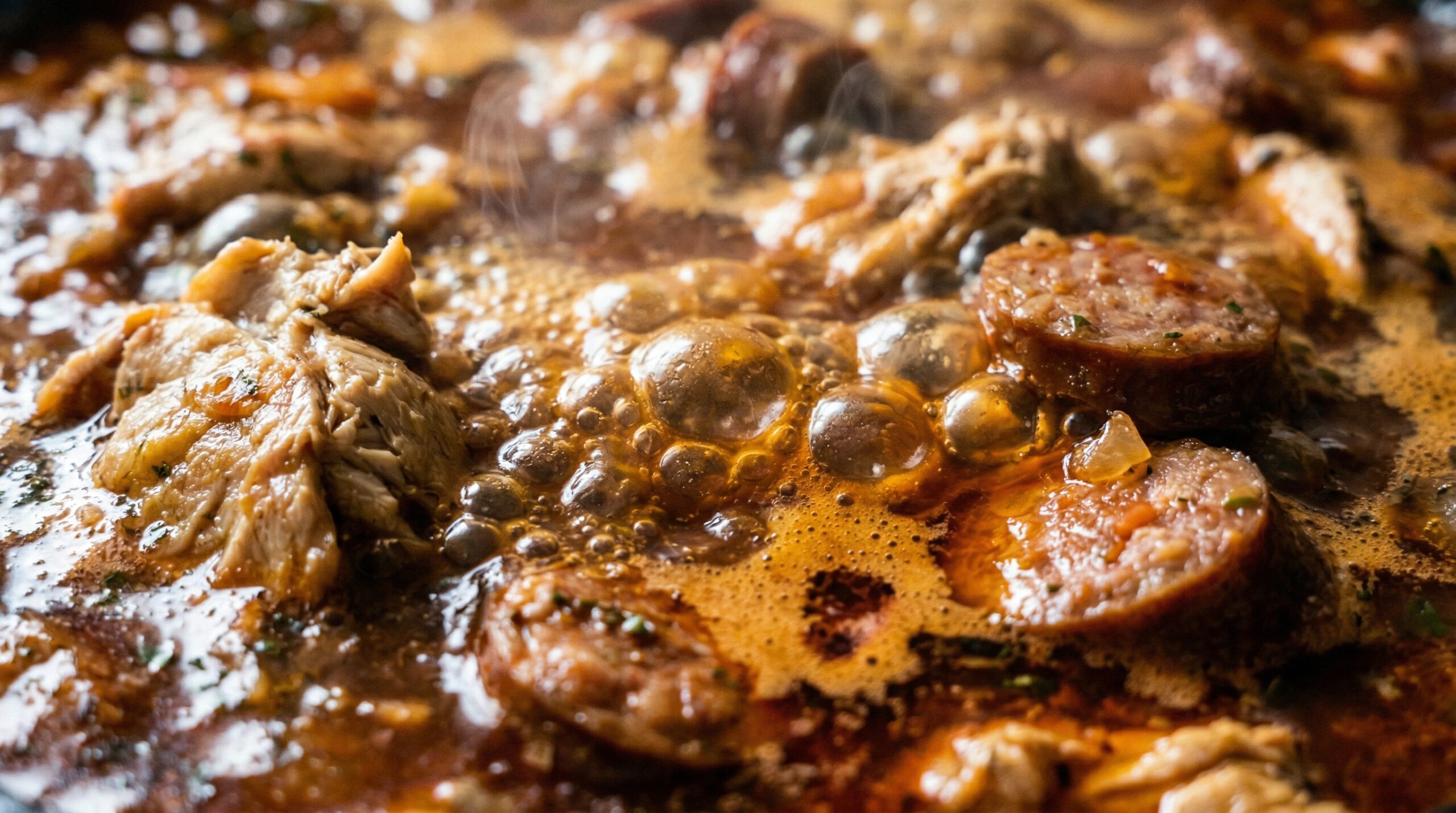 Macro detail of a rich, dark red tomato and clam juice broth bubbling aggressively with thick chunks of chicken and sliced sausage