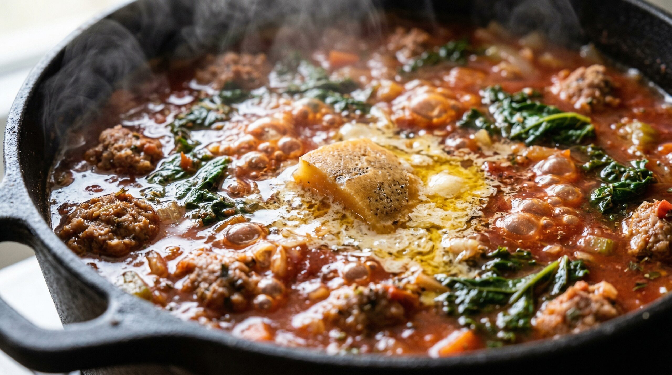 Macro detail of a rich, dark red tomato and beef broth actively bubbling with thick chunks of vegetables, kale, sausage, and a melting Parmesan cheese rind