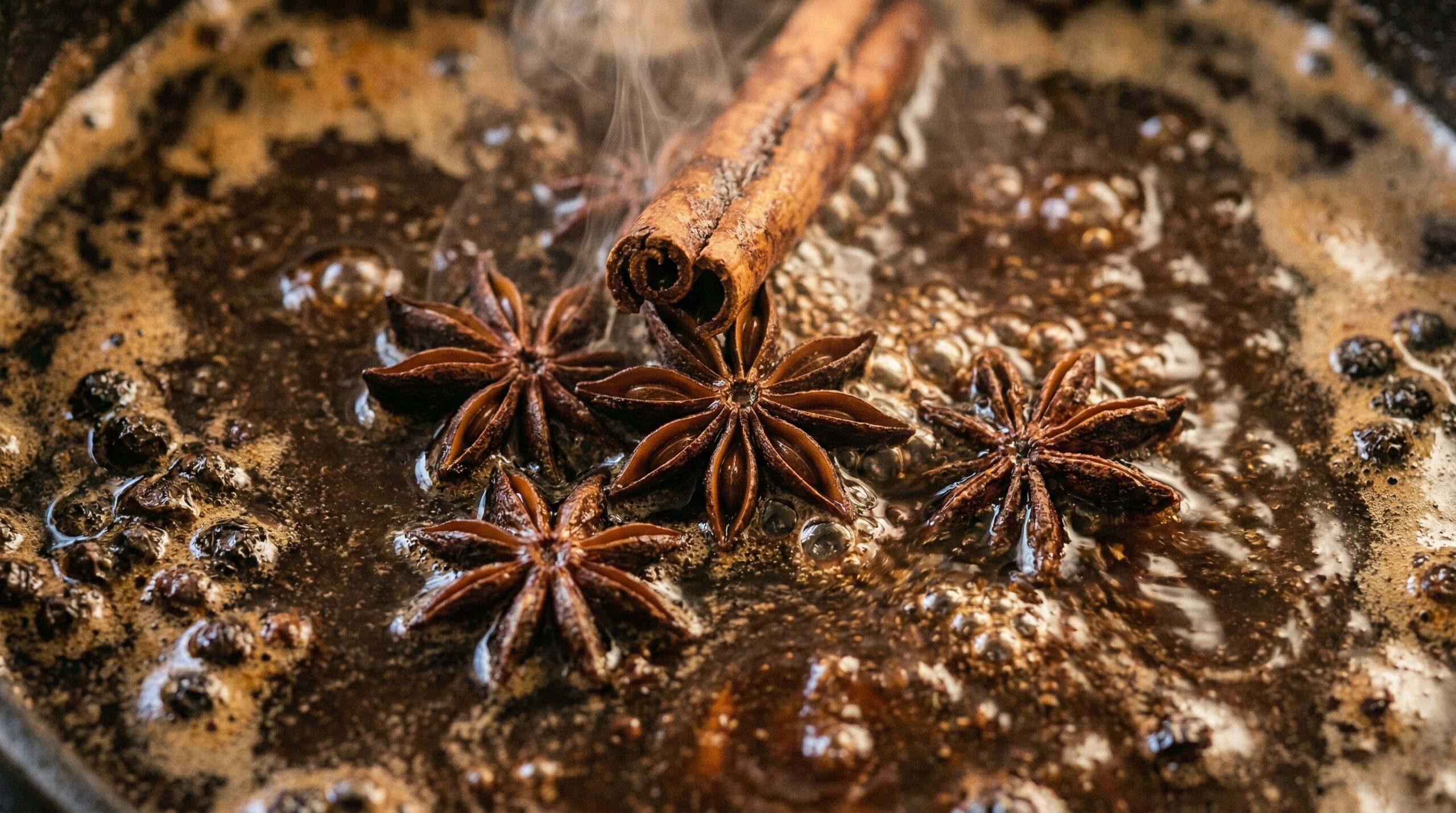 Macro detail of a dark mahogany beef broth simmering gently in a heavy cast-iron soup pot with whole star anise and cinnamon sticks