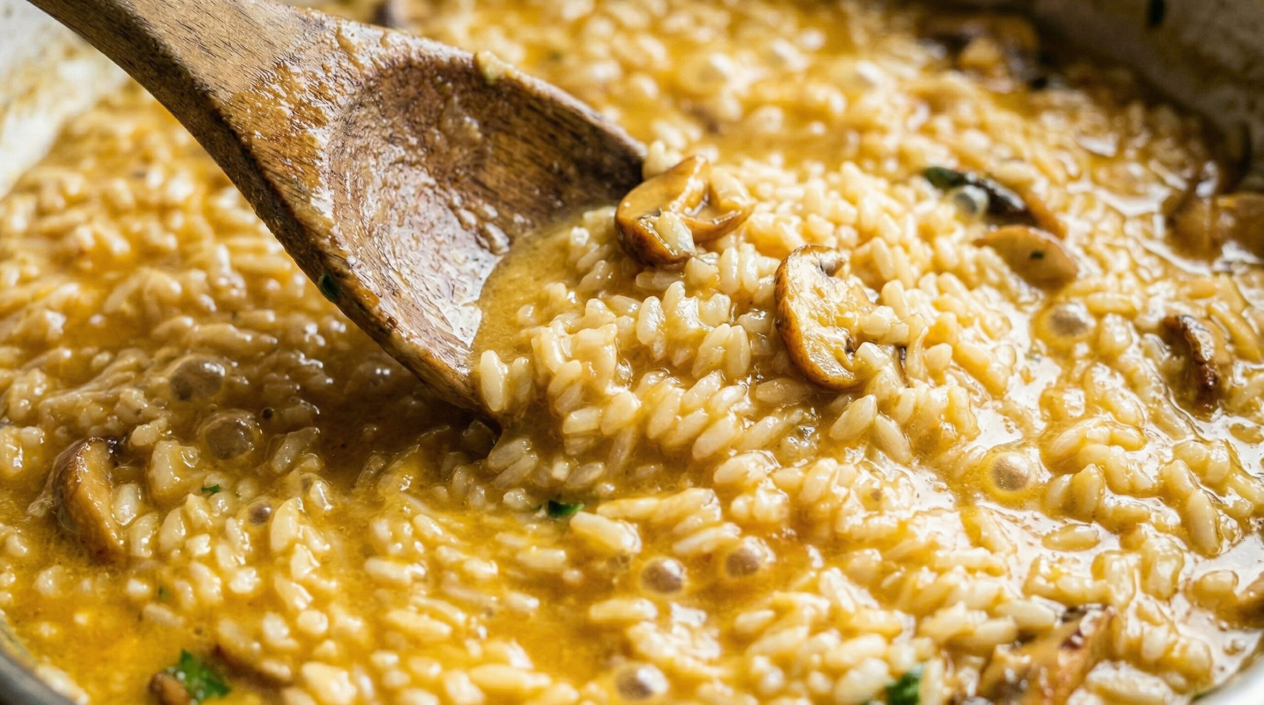 Macro detail of Arborio rice actively simmering in golden, pumpkin-infused chicken broth, coaxing out thick, creamy starches around caramelized mushrooms
