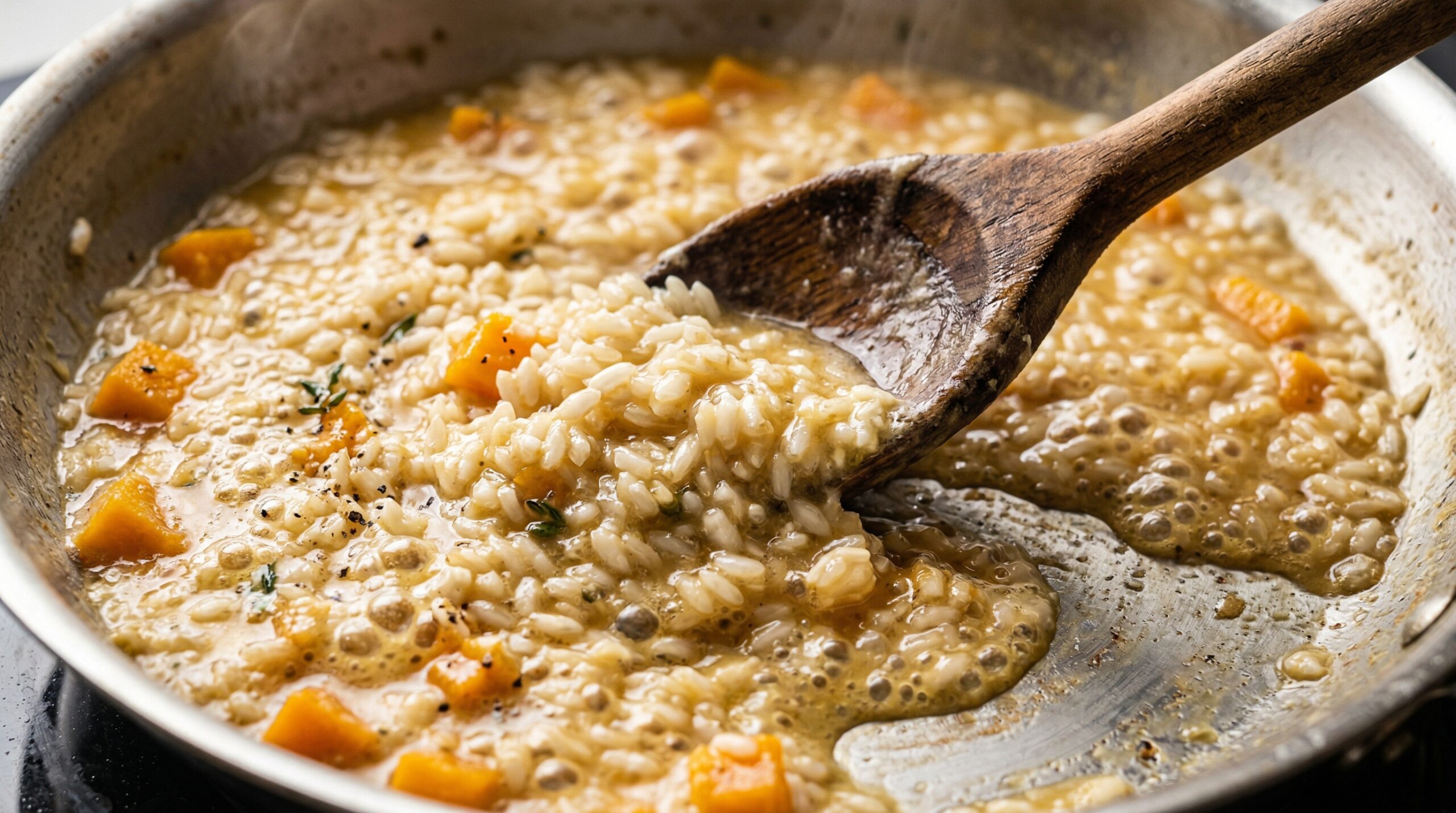 Macro detail of Arborio rice actively simmering in golden chicken broth, coaxing out thick, creamy starches around soft butternut squash
