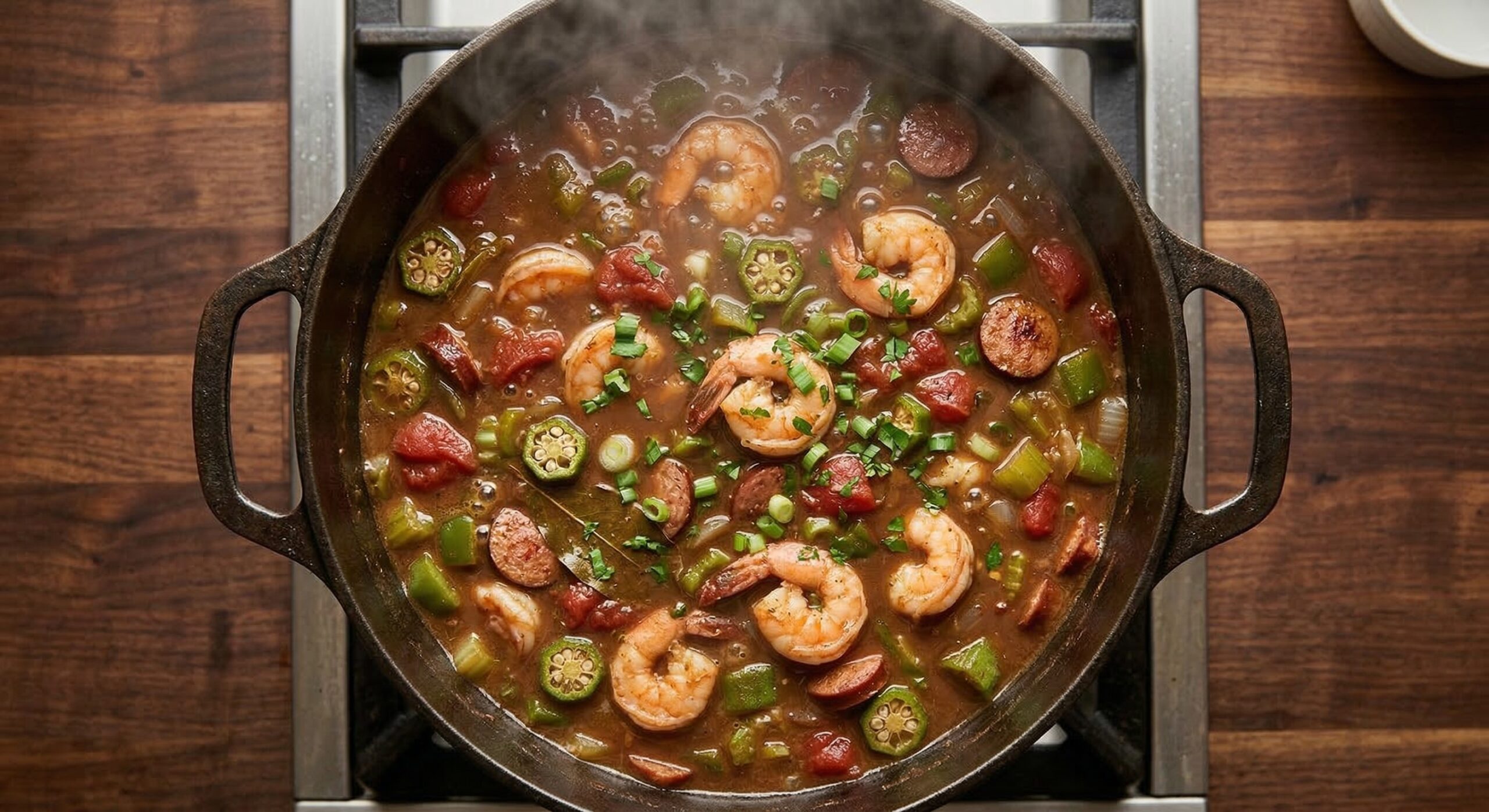 A large pot of seafood gumbo simmering on the stovetop