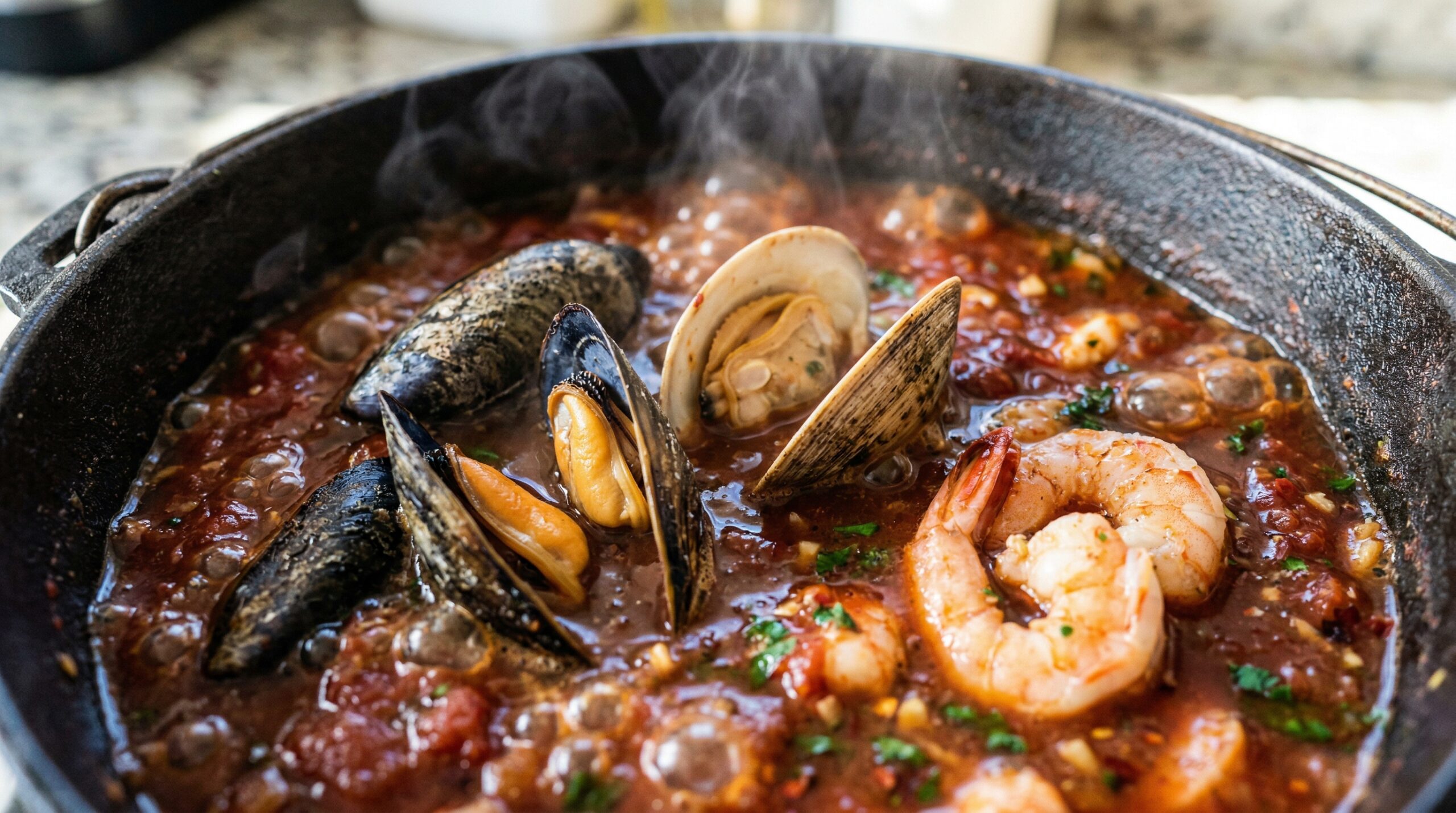Macro detail of a rich, dark red tomato and white wine broth bubbling aggressively in a cast-iron pot with fresh clams, mussels, and bright pink shrimp