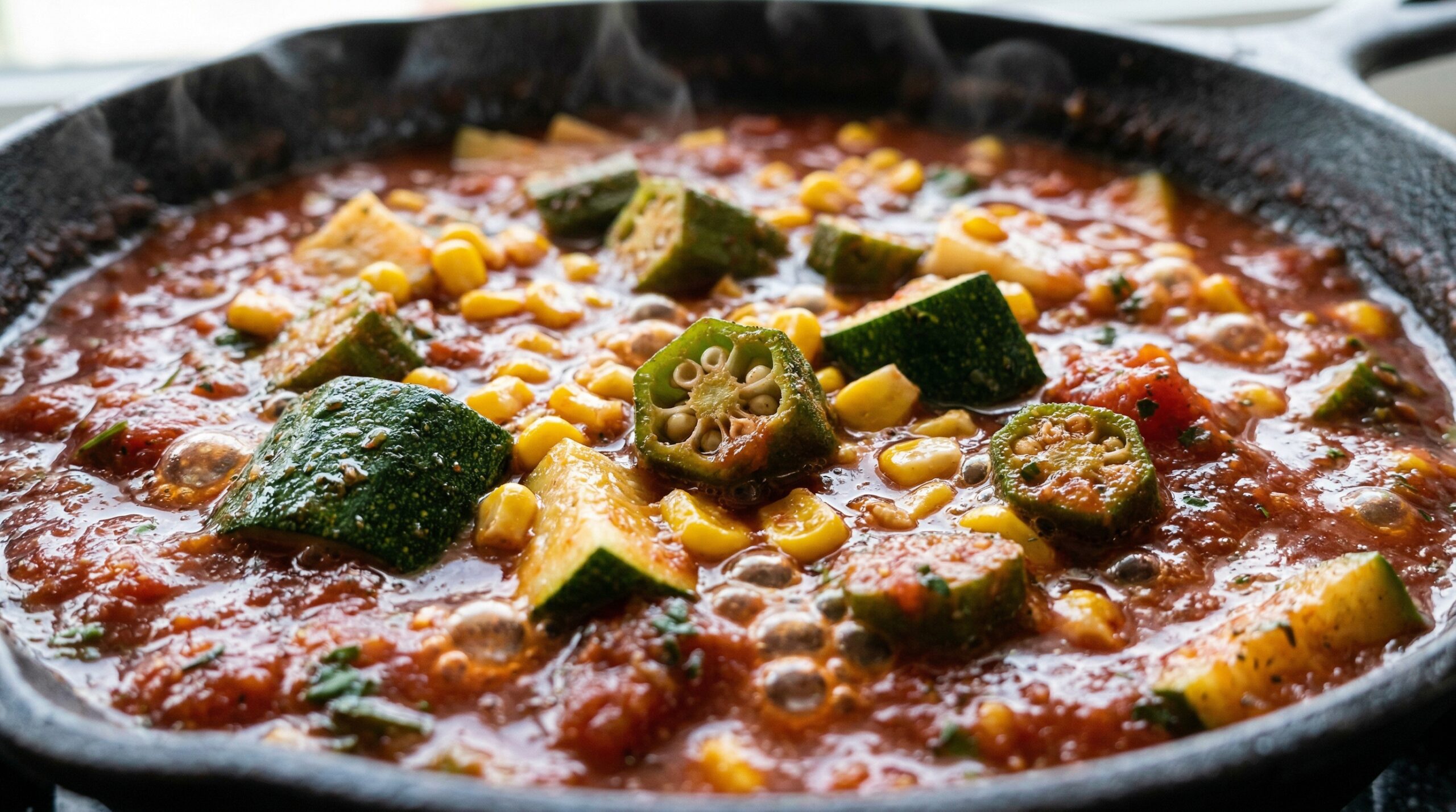 Macro detail of a rich, dark red crushed tomato broth actively bubbling around tender zucchini, corn, and okra inside a skillet