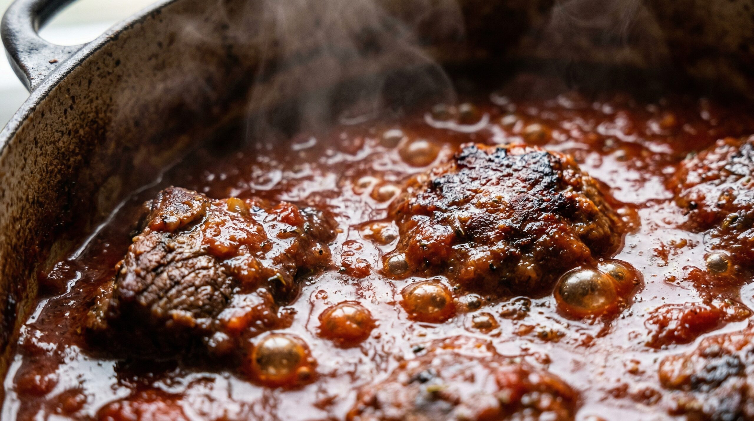Macro detail of thick, bubbling dark red tomato gravy simmering gently inside a heavy cast-iron Dutch oven