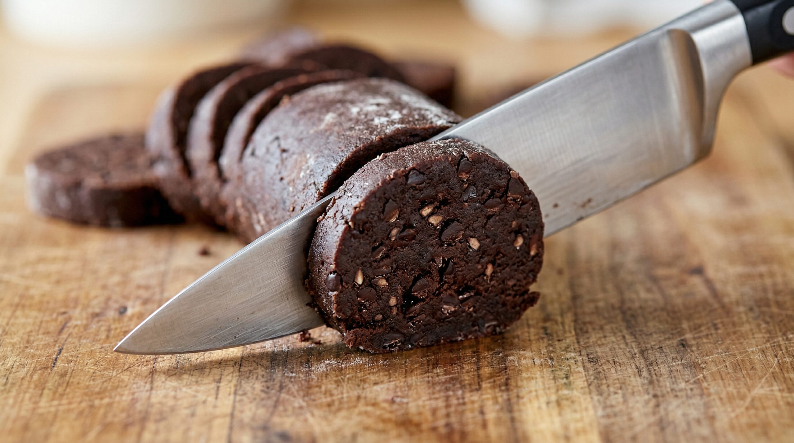 Macro detail of a sharp chef's knife slicing a dense, chilled log of dark chocolate cookie dough into uniform rounds