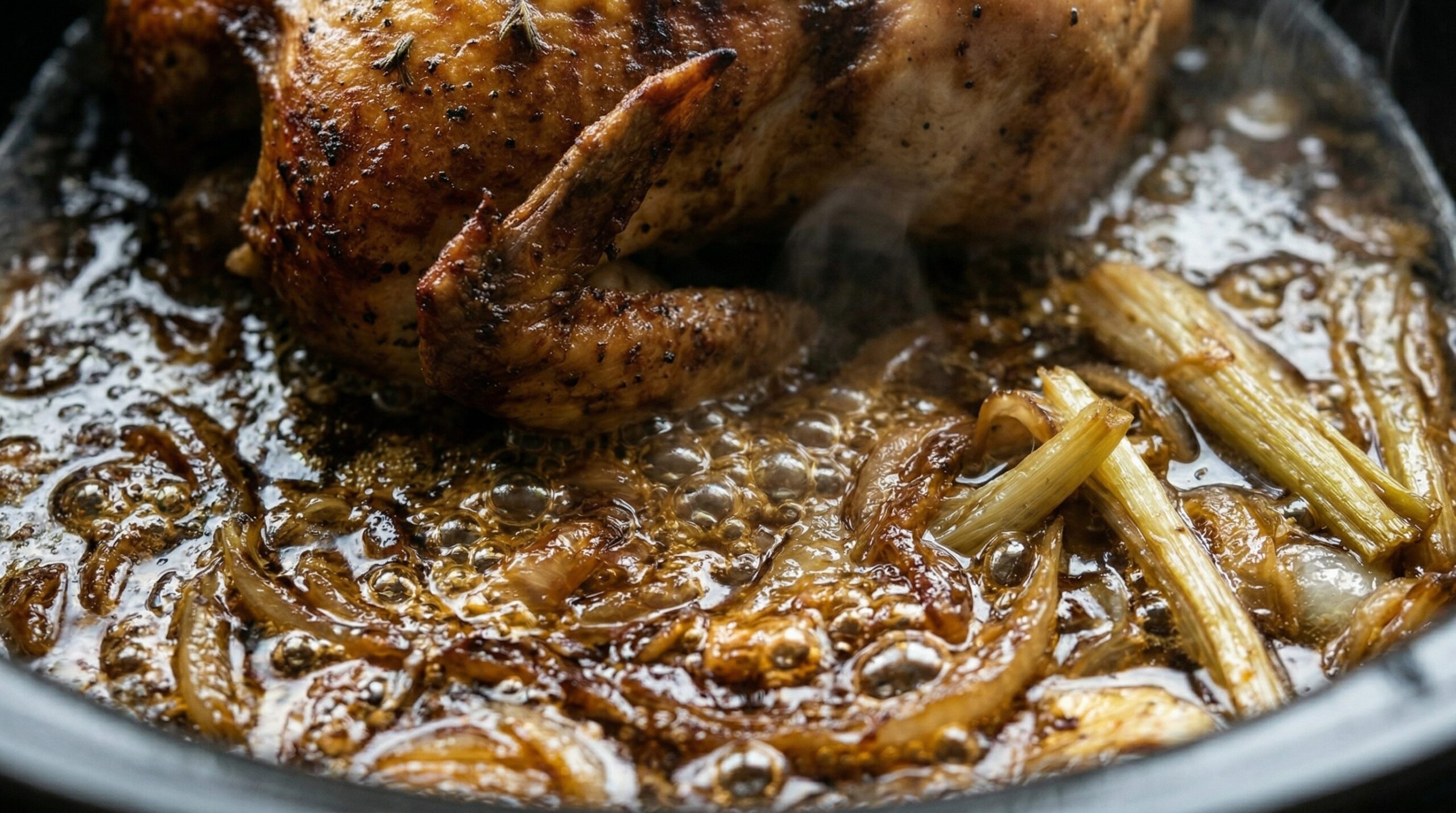 Macro detail of the bottom of a cooked chicken resting in a bubbling pool of rich, dark golden pan drippings and caramelized onions