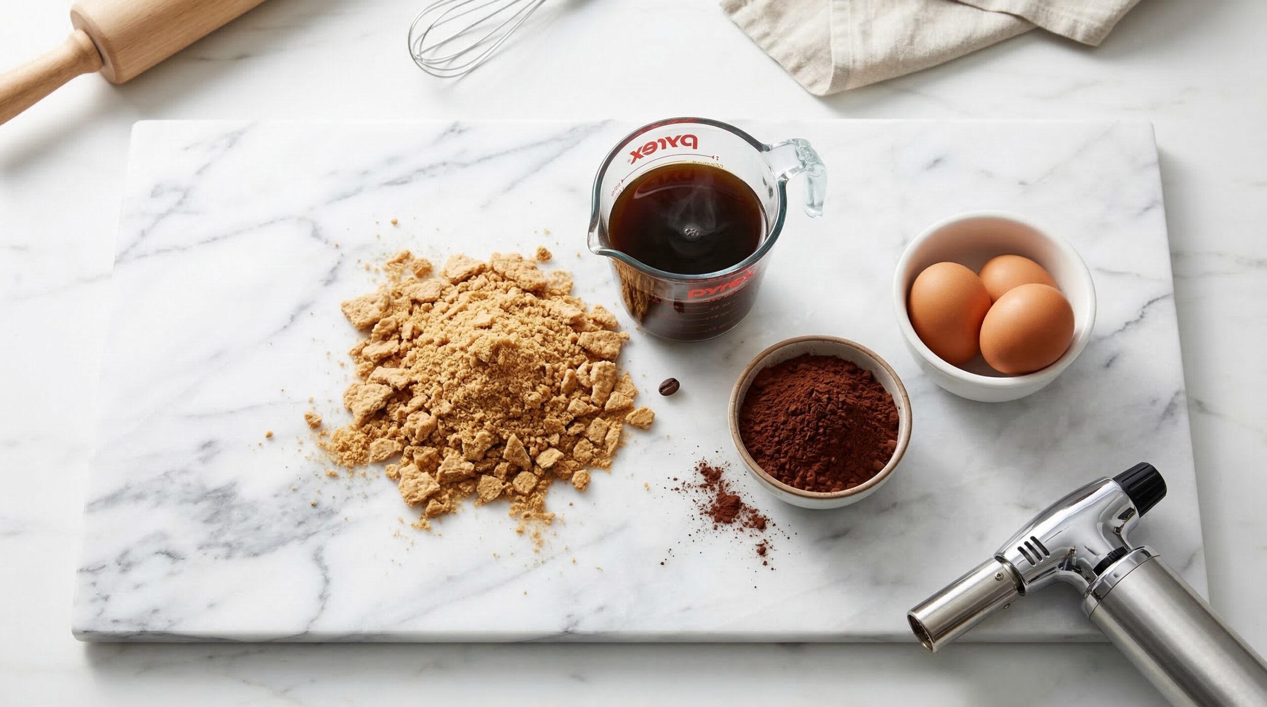 Crushed graham crackers next to dark brewed coffee, cocoa powder, fresh eggs, and a silver kitchen torch on a pristine marble baking station.