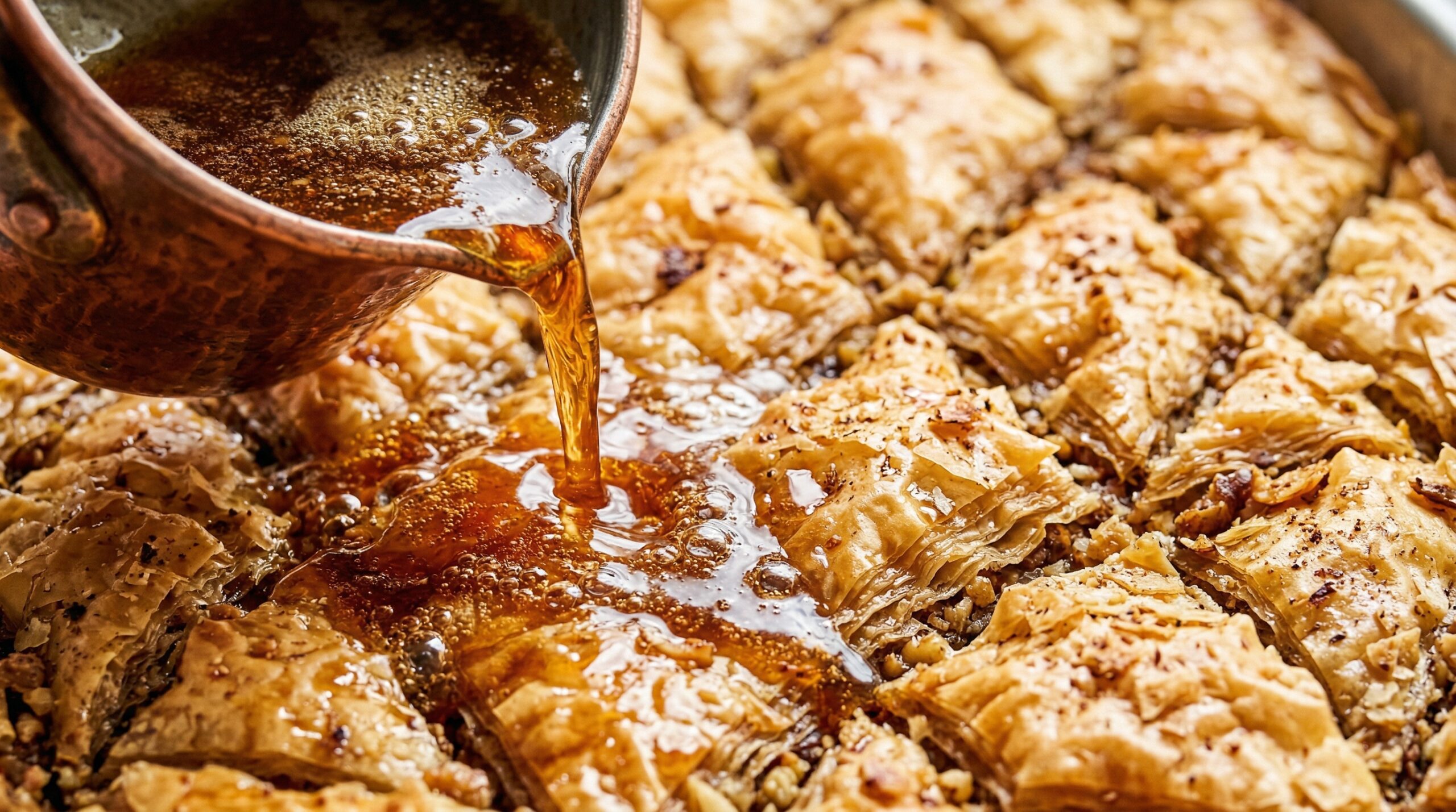 Macro detail of hot, amber-colored sorghum and butter syrup being poured over diamond-scored baklava