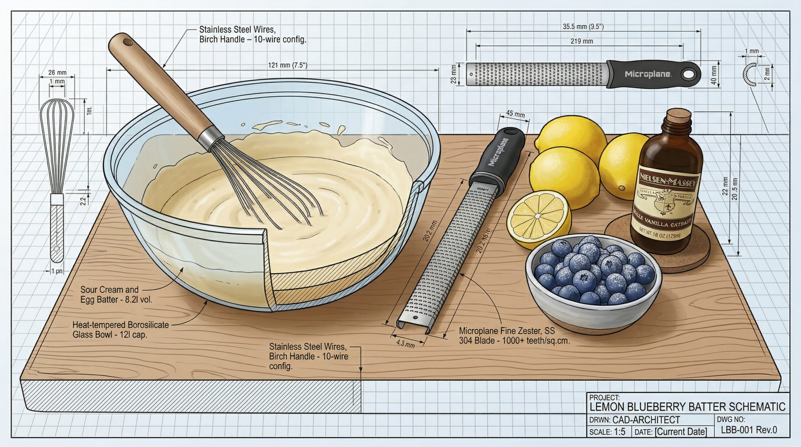 A heavy glass mixing bowl filled with a rich, pale yellow sour cream batter resting next to a microplane zester, Meyer lemons, and cornstarch-dusted blueberries