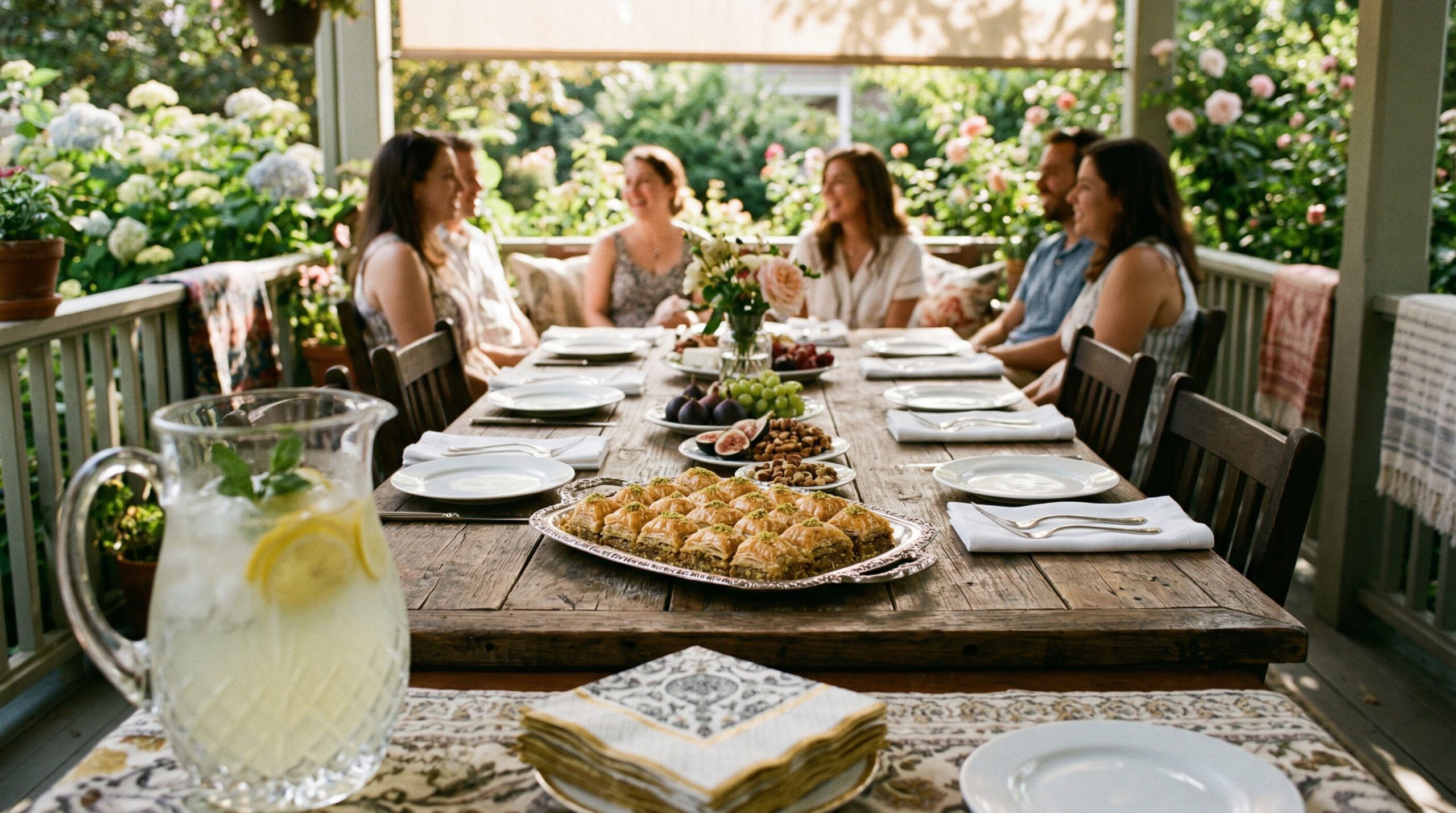 A rustic wooden table elegantly set for an afternoon porch gathering featuring a silver tray of diamond-cut baklava