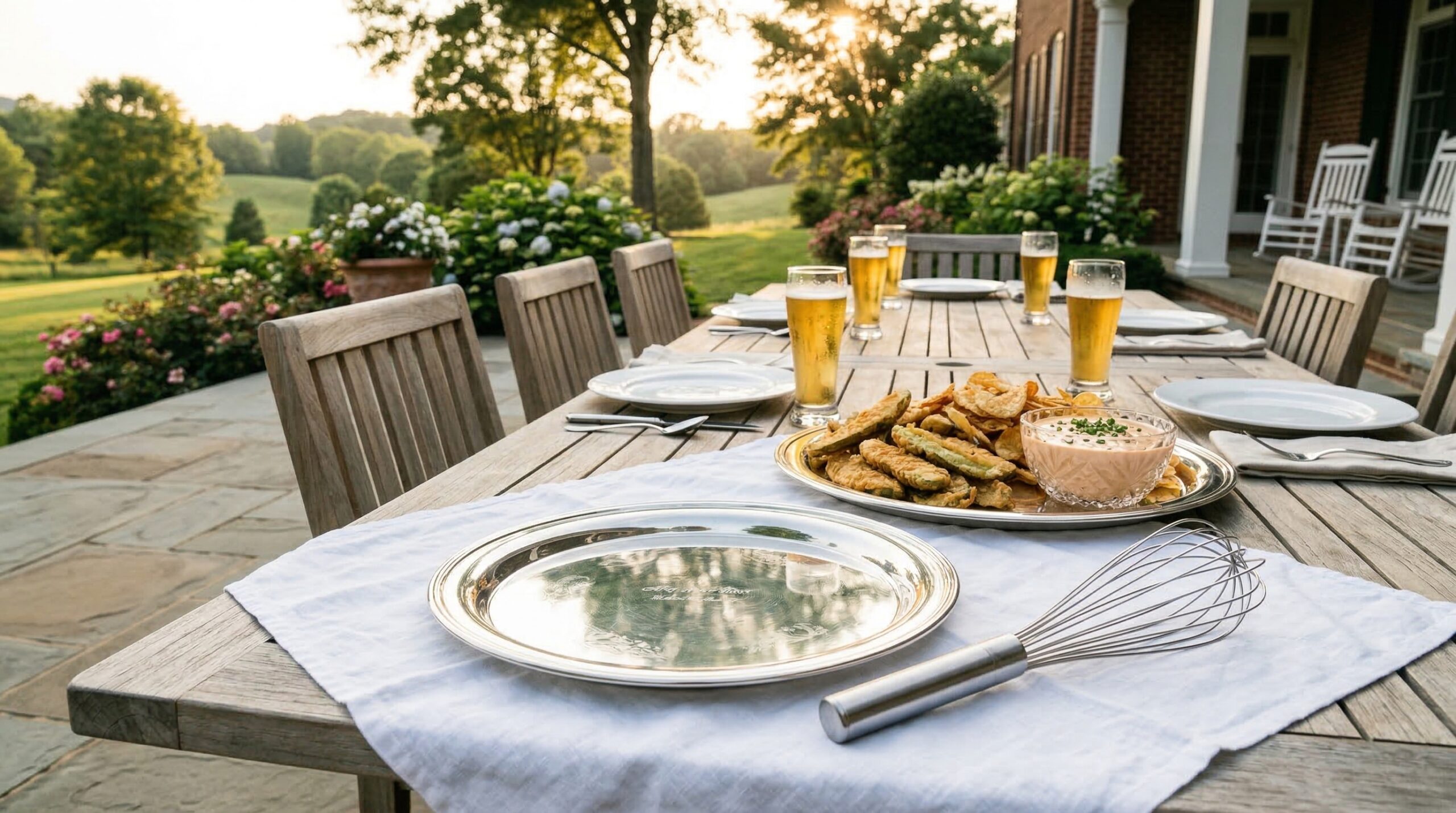 Golden hour Southern estate terrace featuring fried pickles and Comeback Sauce service for eight