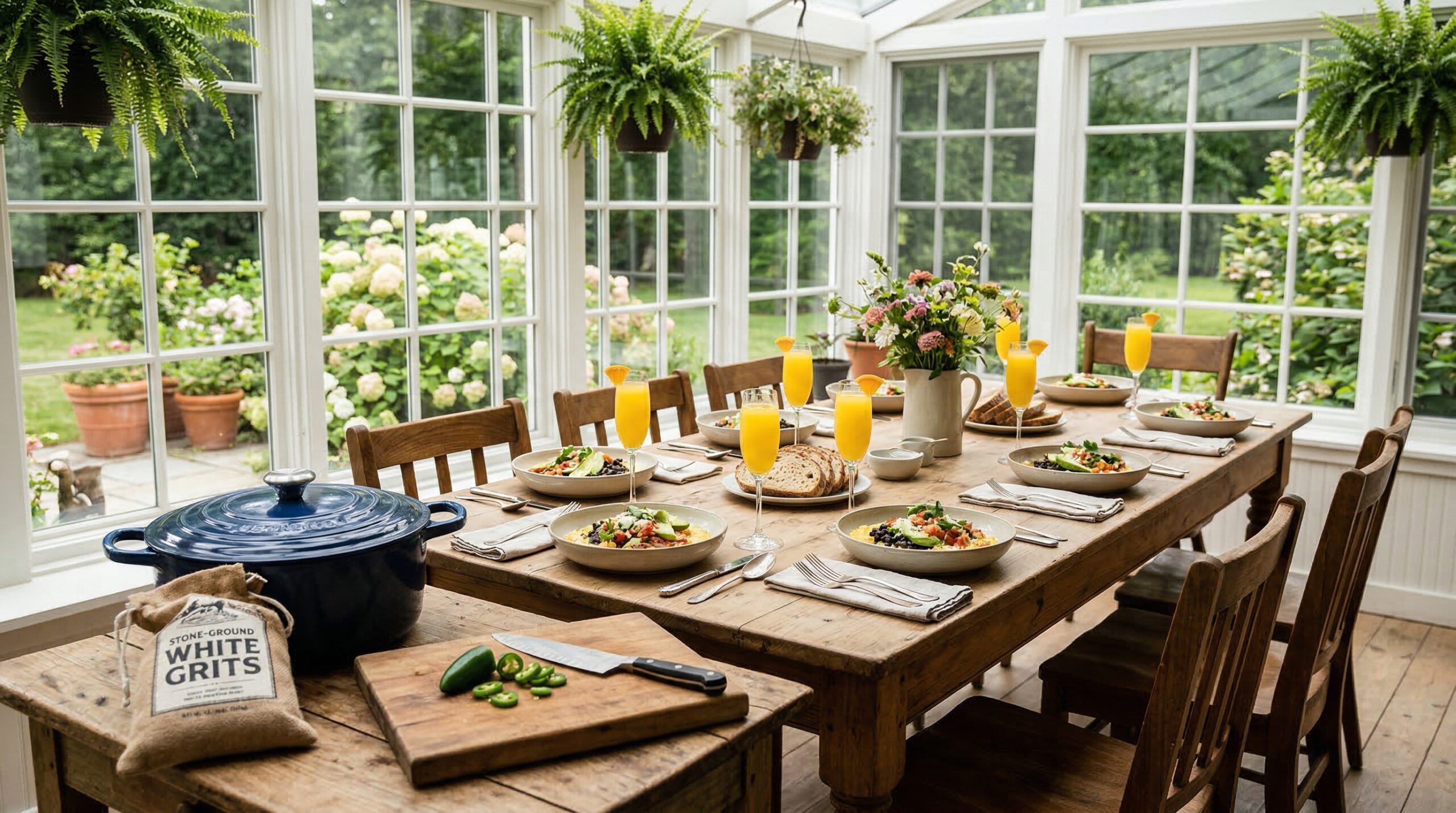 Bright estate sunroom brunch for eight featuring Southern Huevos Rancheros and fresh mimosas