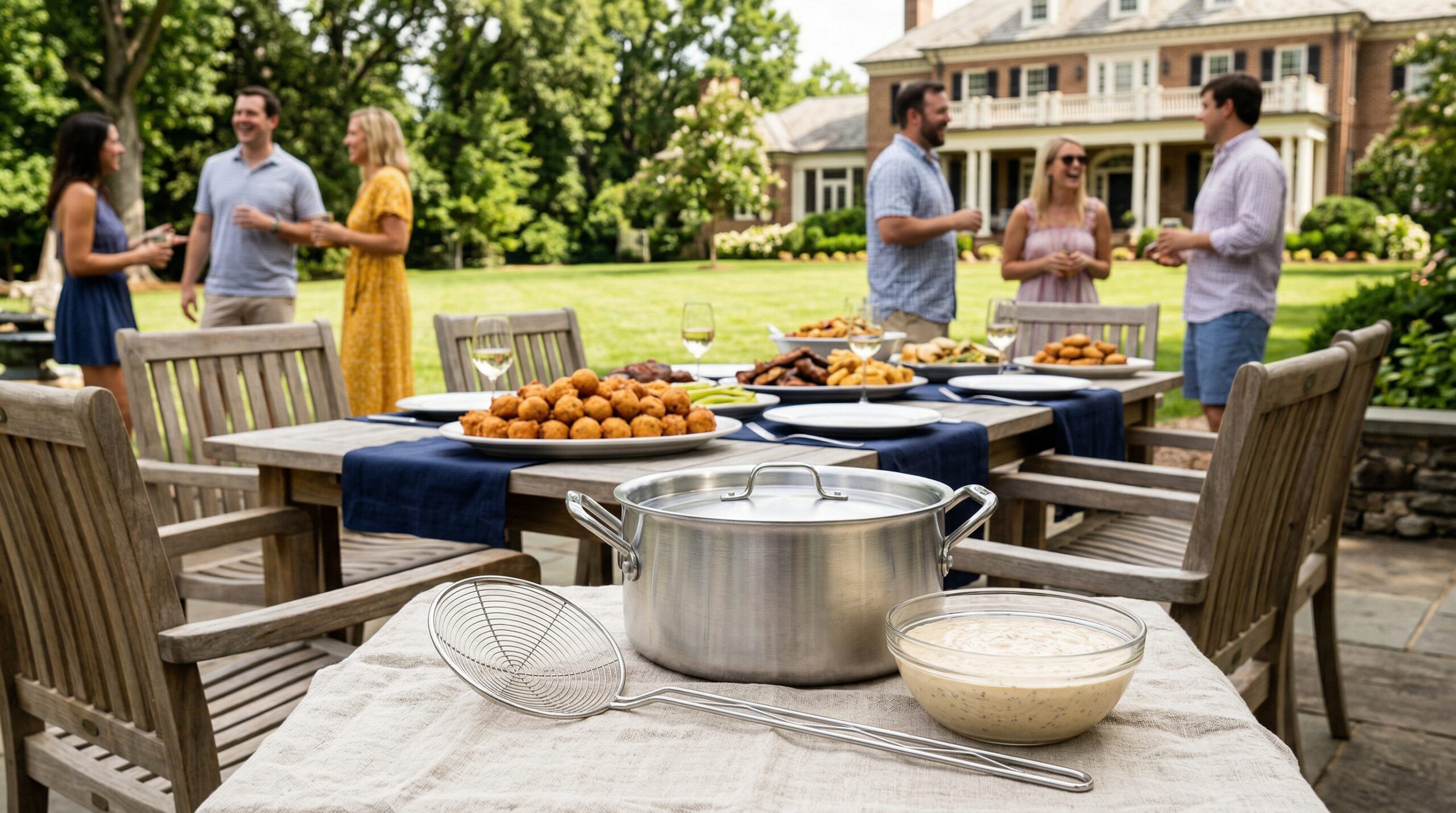 Abundant Southern barbecue gathering for eight guests featuring platters of golden hushpuppies