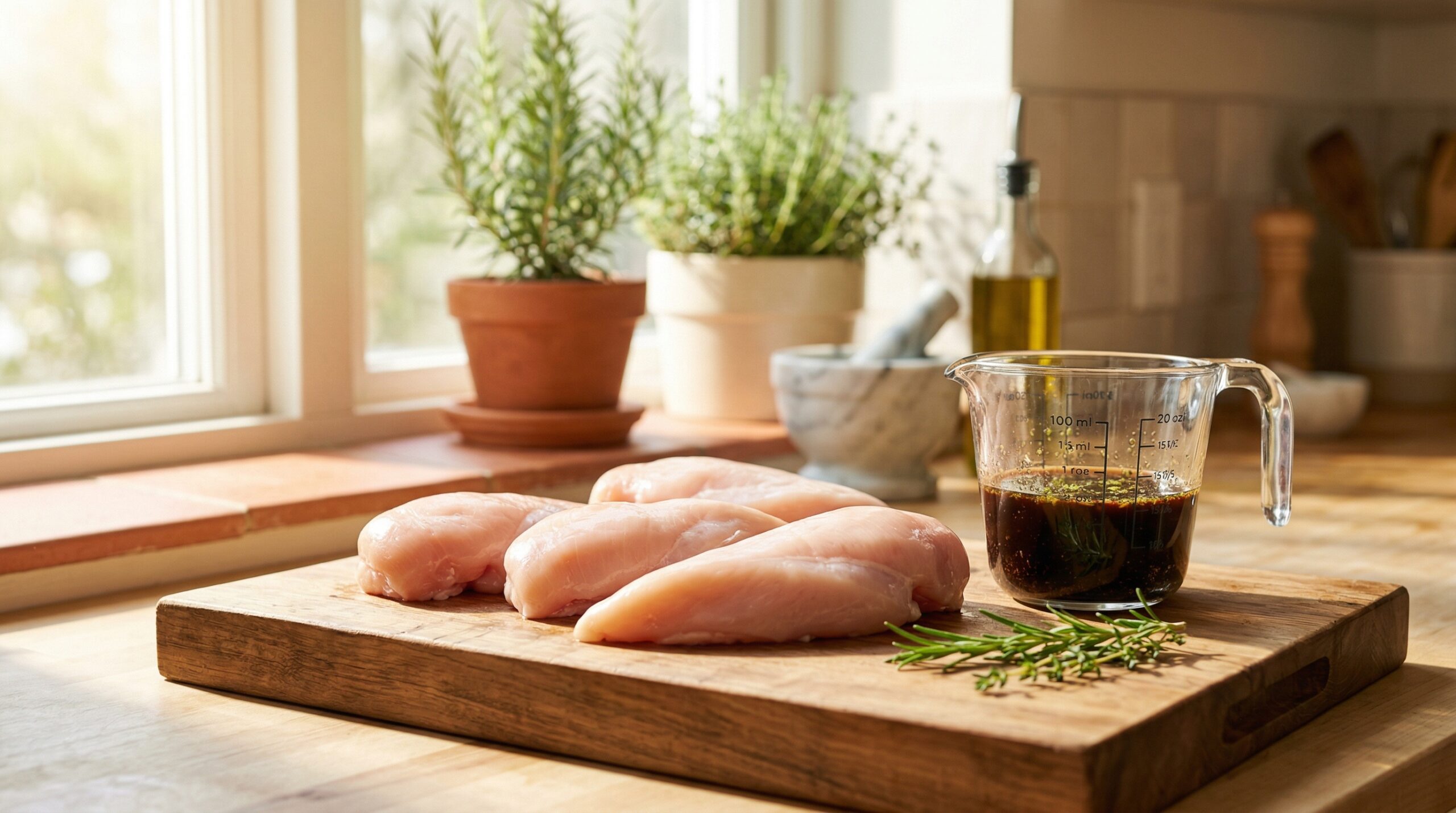Thick boneless chicken breasts resting on a heavy wooden prep board next to a dark, acidic marinade of soy sauce and fresh lime juice