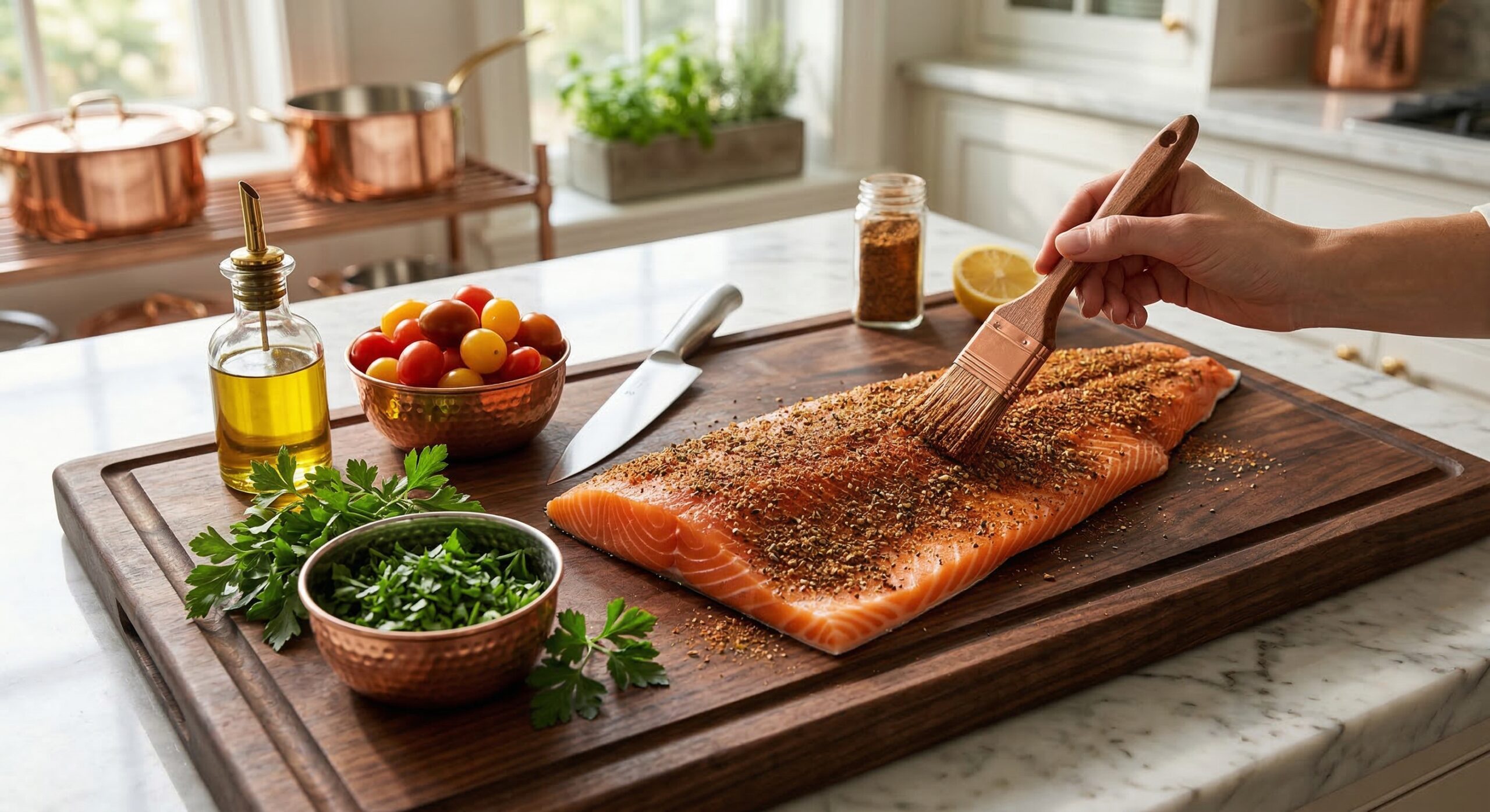 A raw salmon fillet being deeply massaged with a savory dark spice rub of brown sugar and cumin