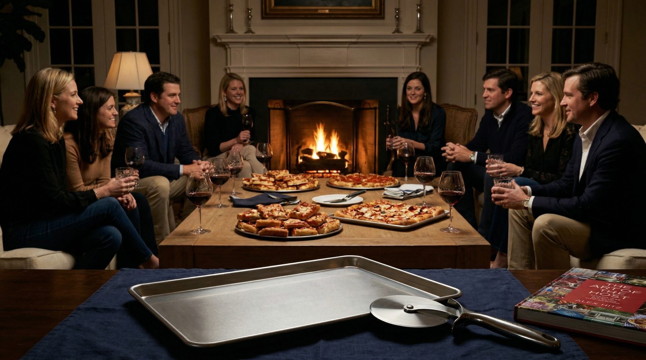Friday night estate gathering for eight featuring abundant platters of square-cut pizza and red wine