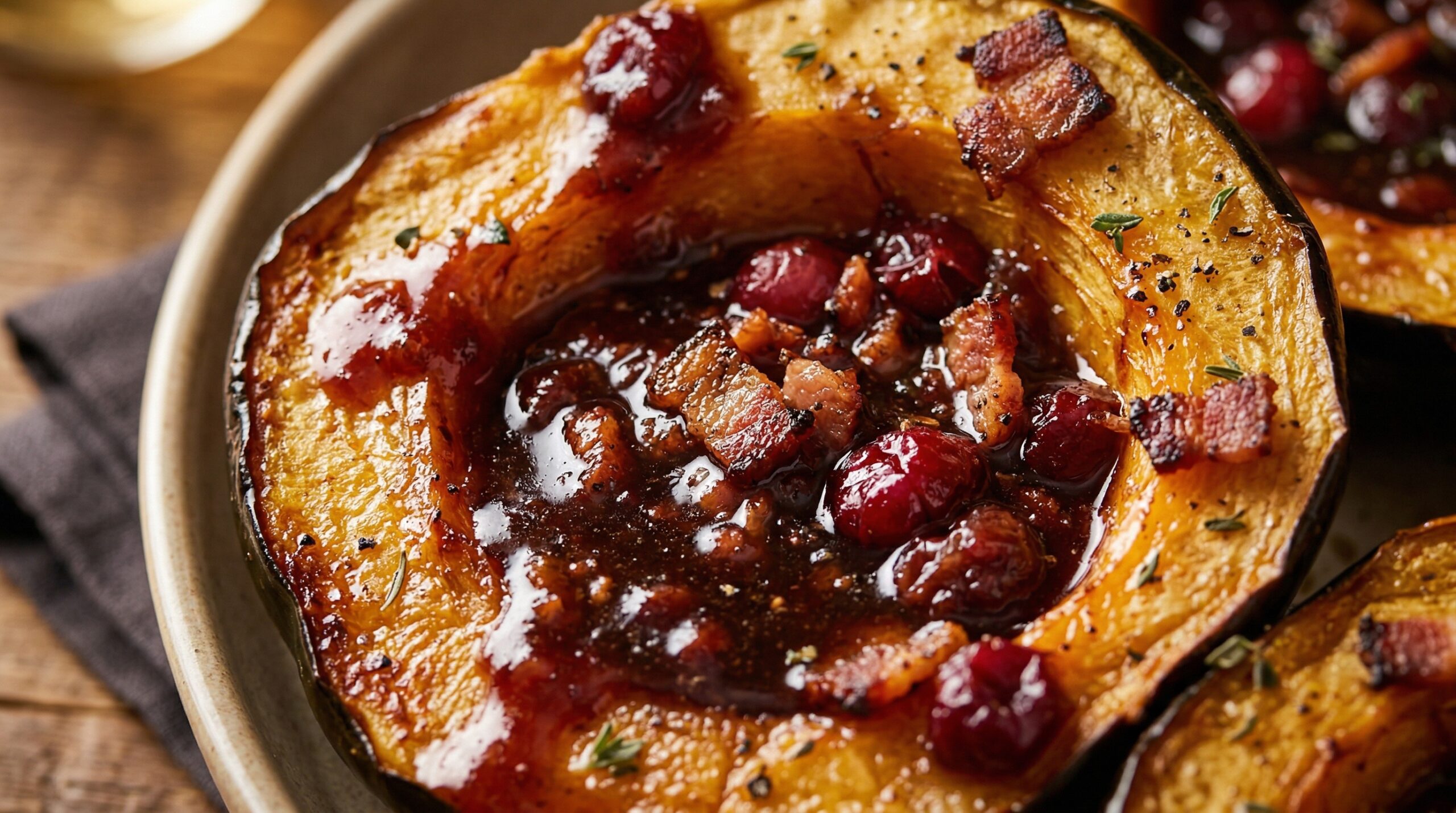 Macro detail of glistening cranberry and bacon glaze pooling in the crevices of roasted acorn squash