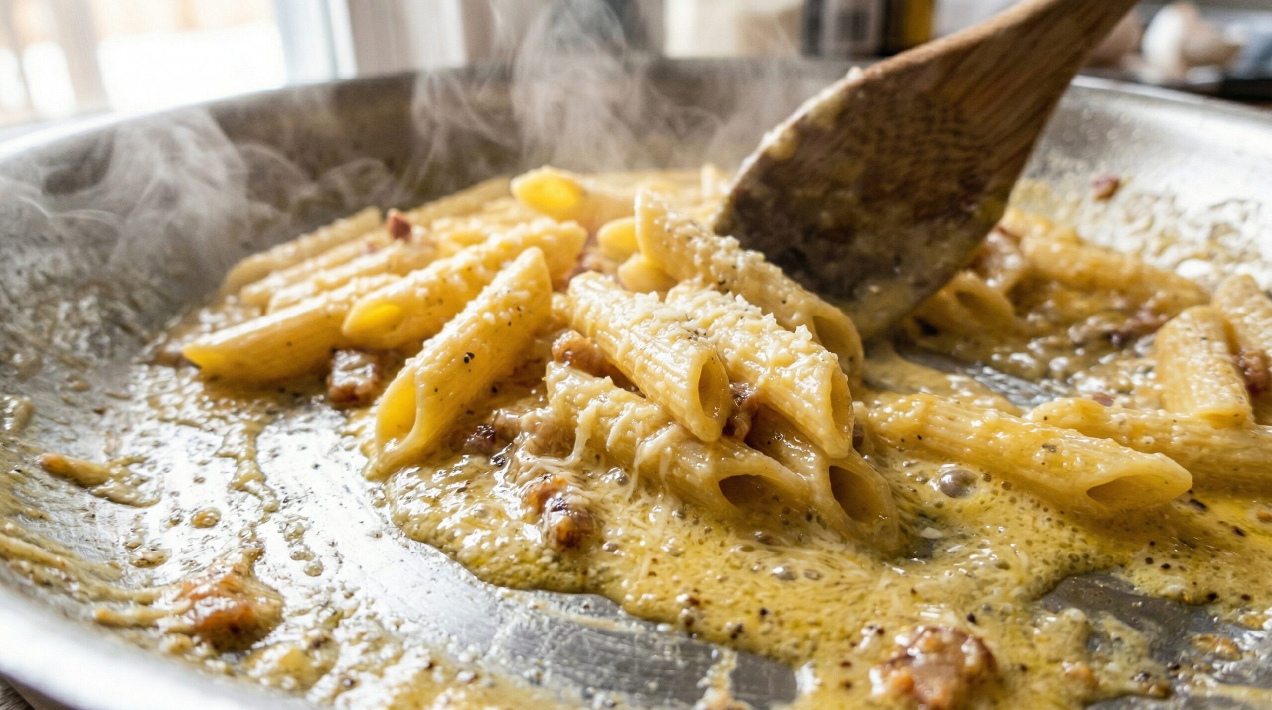 Macro detail of glossy, starchy pasta water actively tossing with hot penne and a golden egg-cheese mixture