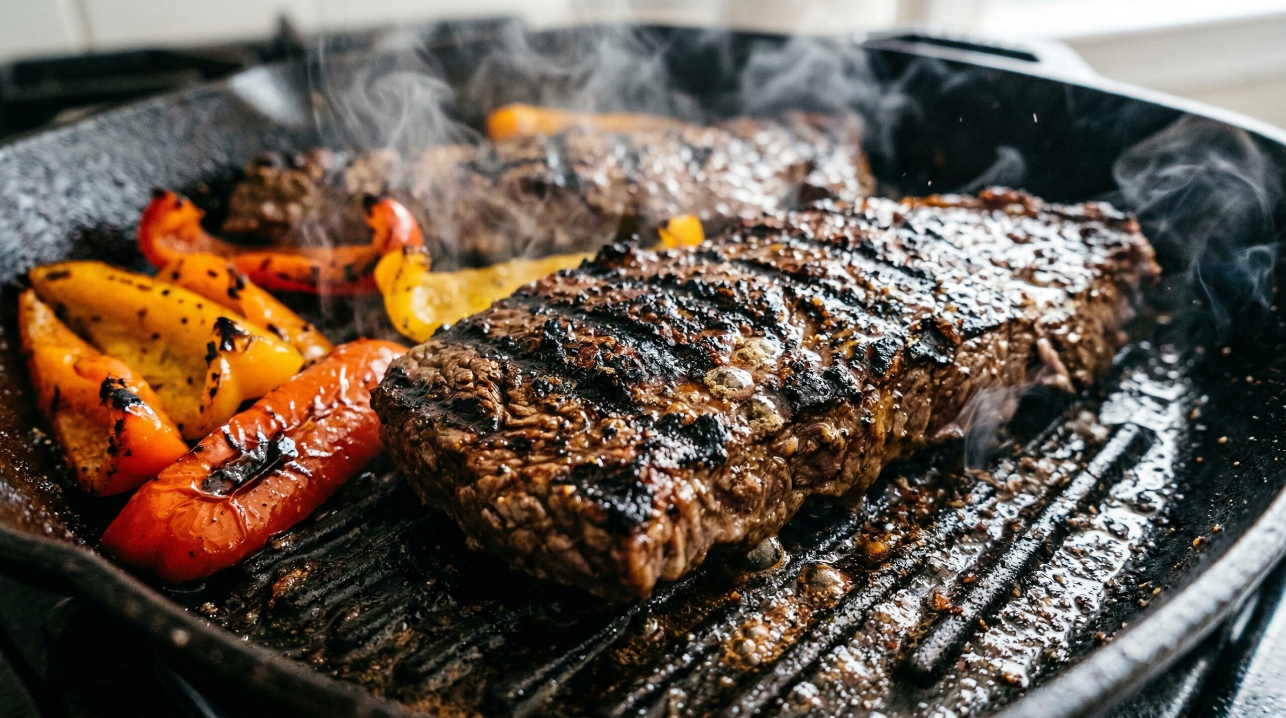 Thick strips of marinated flank steak and vibrant bell peppers searing on a heavy cast-iron grill pan