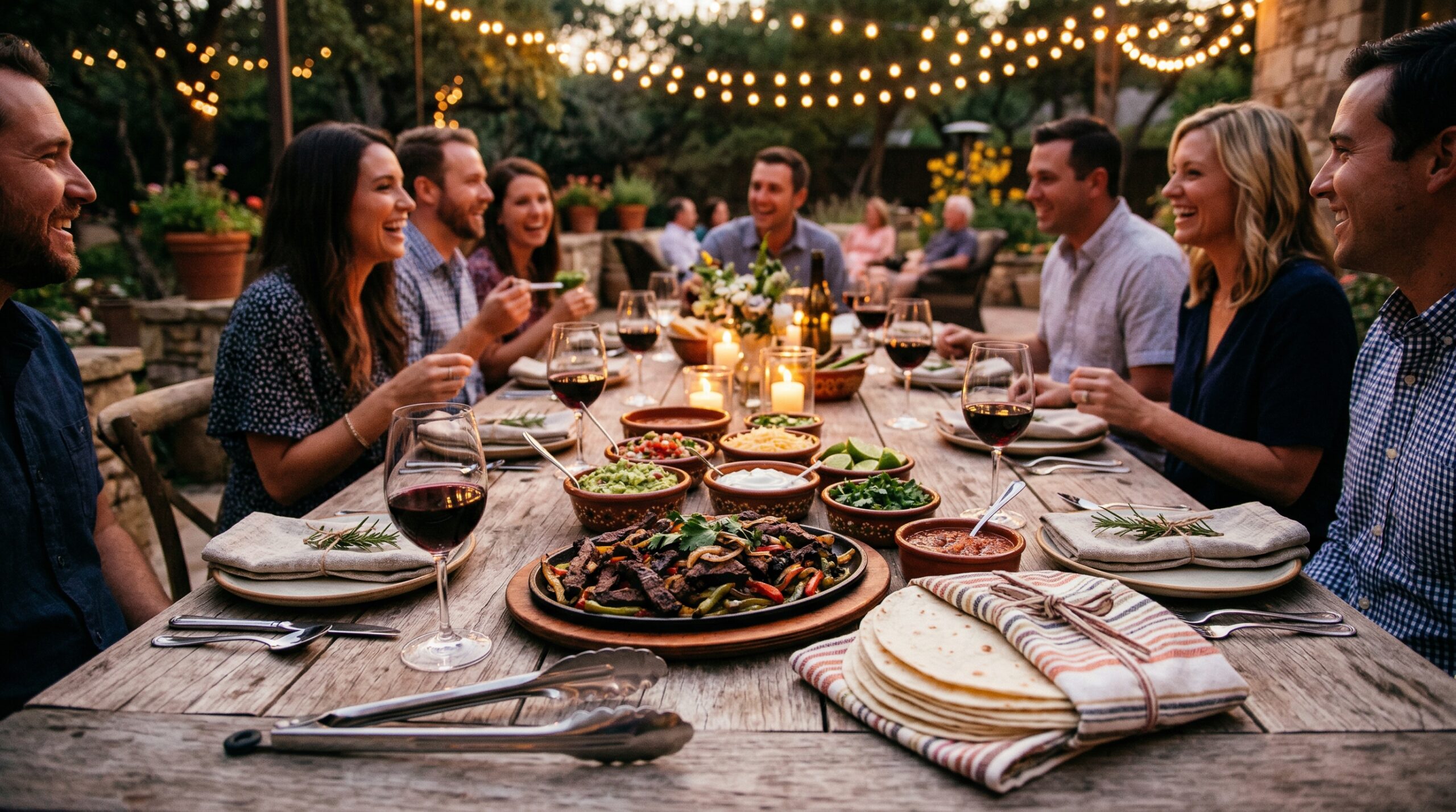 A rustic wooden table set for an outdoor evening gathering featuring a large platter of steak fajitas