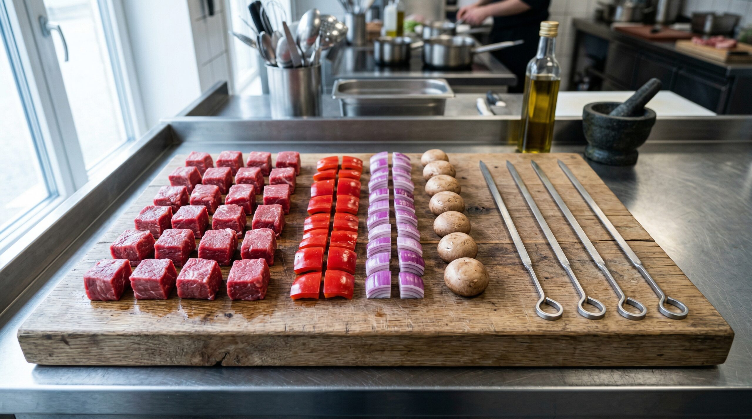 Perfectly uniform 1-inch cubes of raw beef tenderloin resting next to neatly segmented red bell peppers and portobello mushrooms