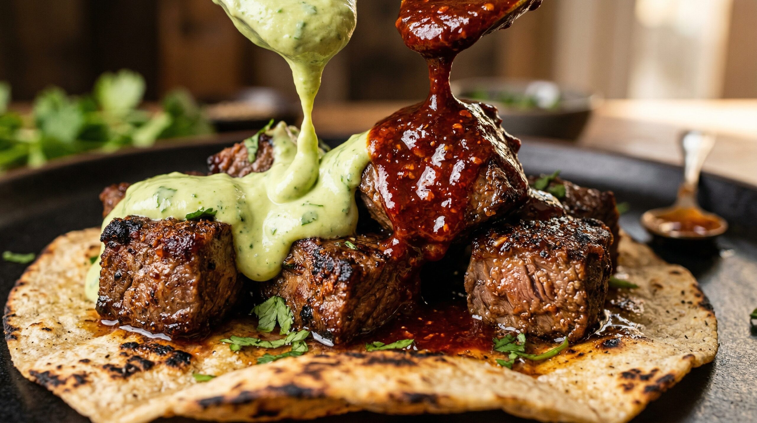 Macro detail of a dual-drizzle application featuring vibrant red chili sauce and pale green avocado cream