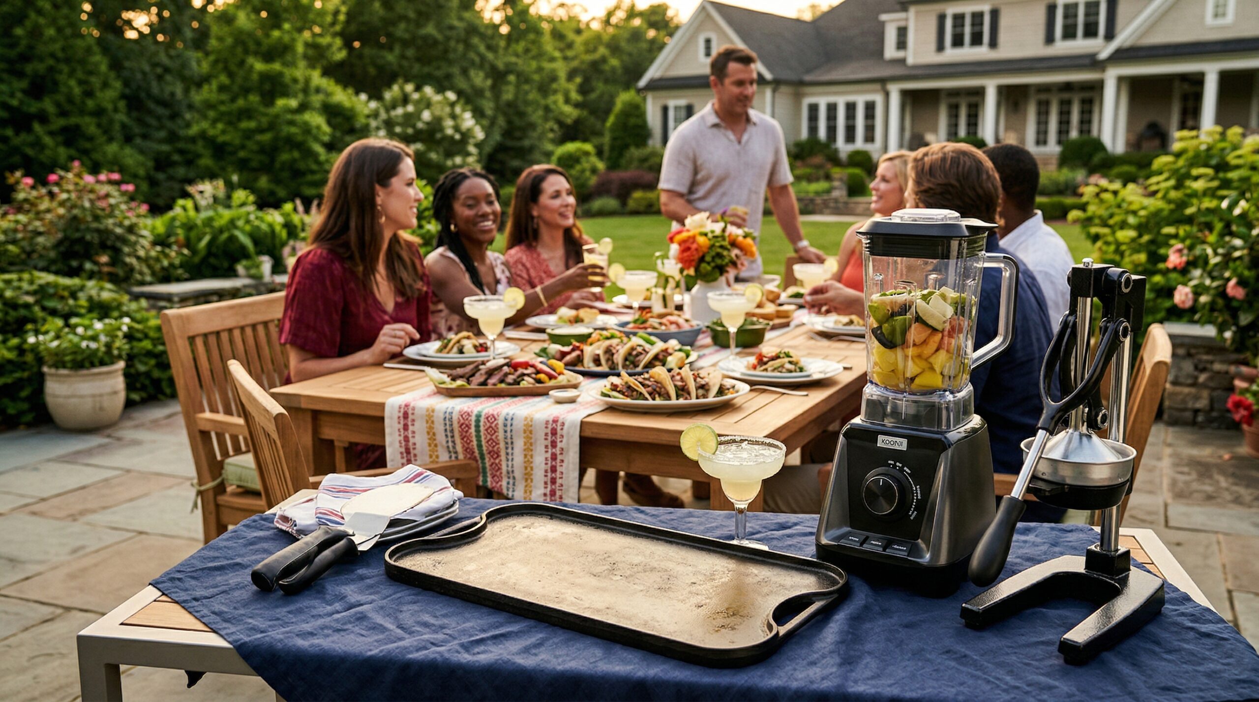 Vibrant evening estate terrace gathering for eight featuring abundant platters of steak tacos and margaritas