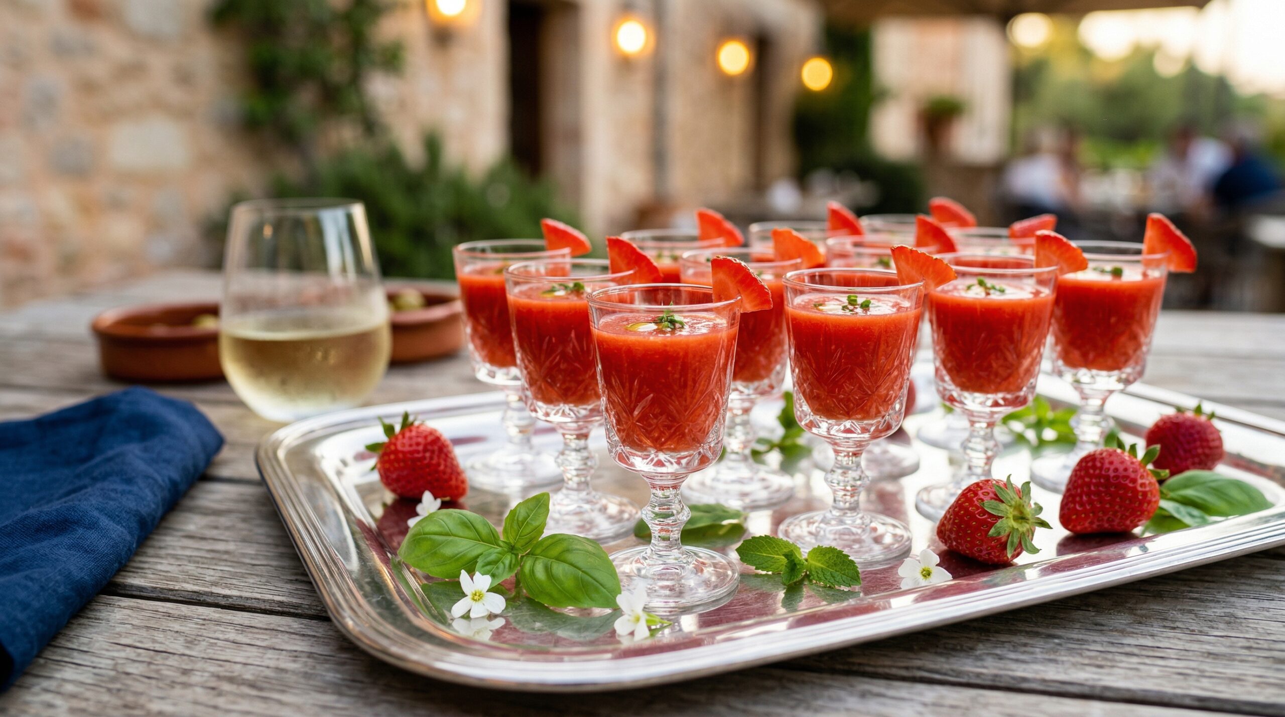 Elegant Spanish tapas-style serving of strawberry gazpacho in chilled crystal glassware shooters