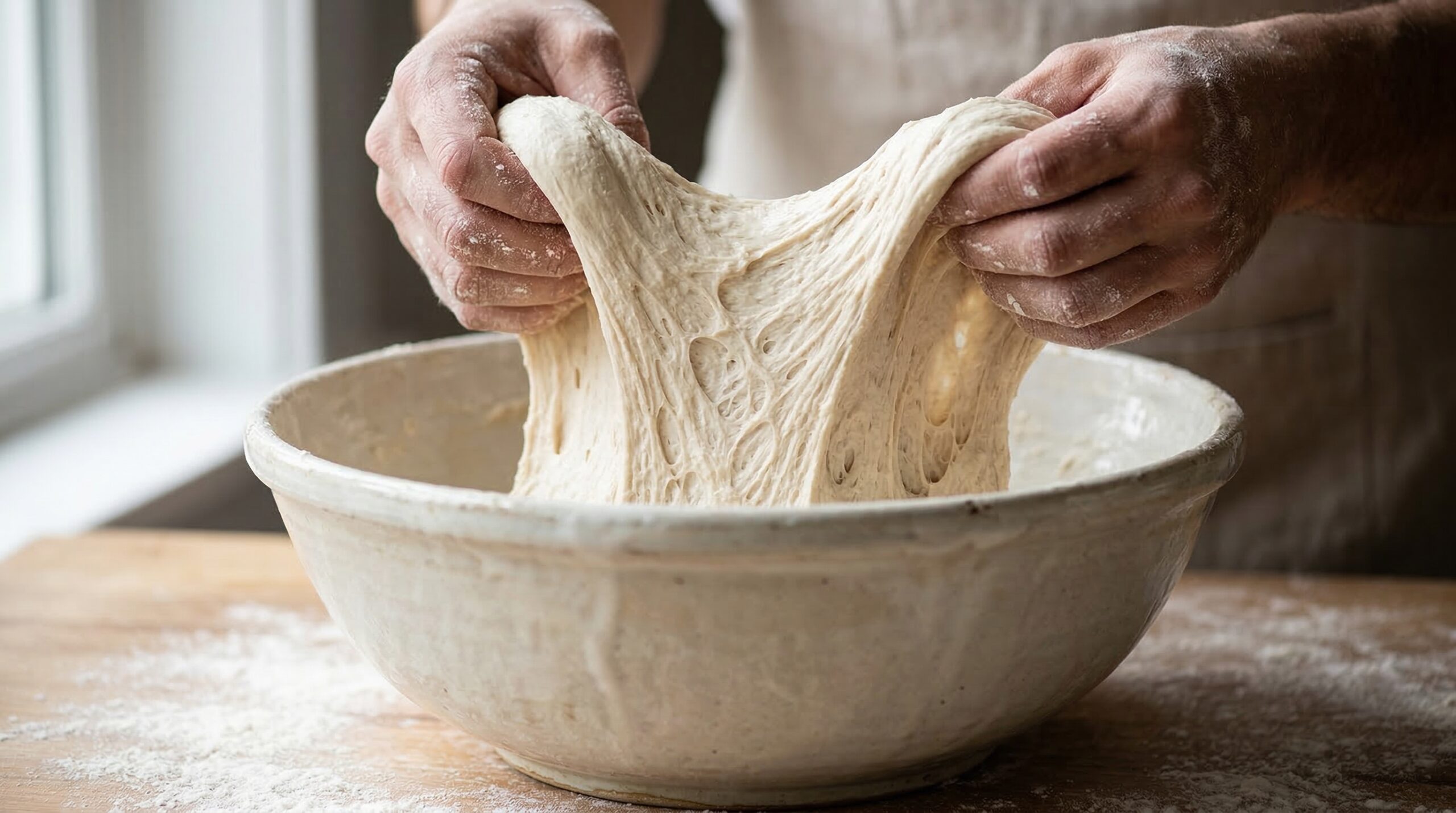 Baker's hands stretching high-hydration sourdough dough in a ceramic bowl