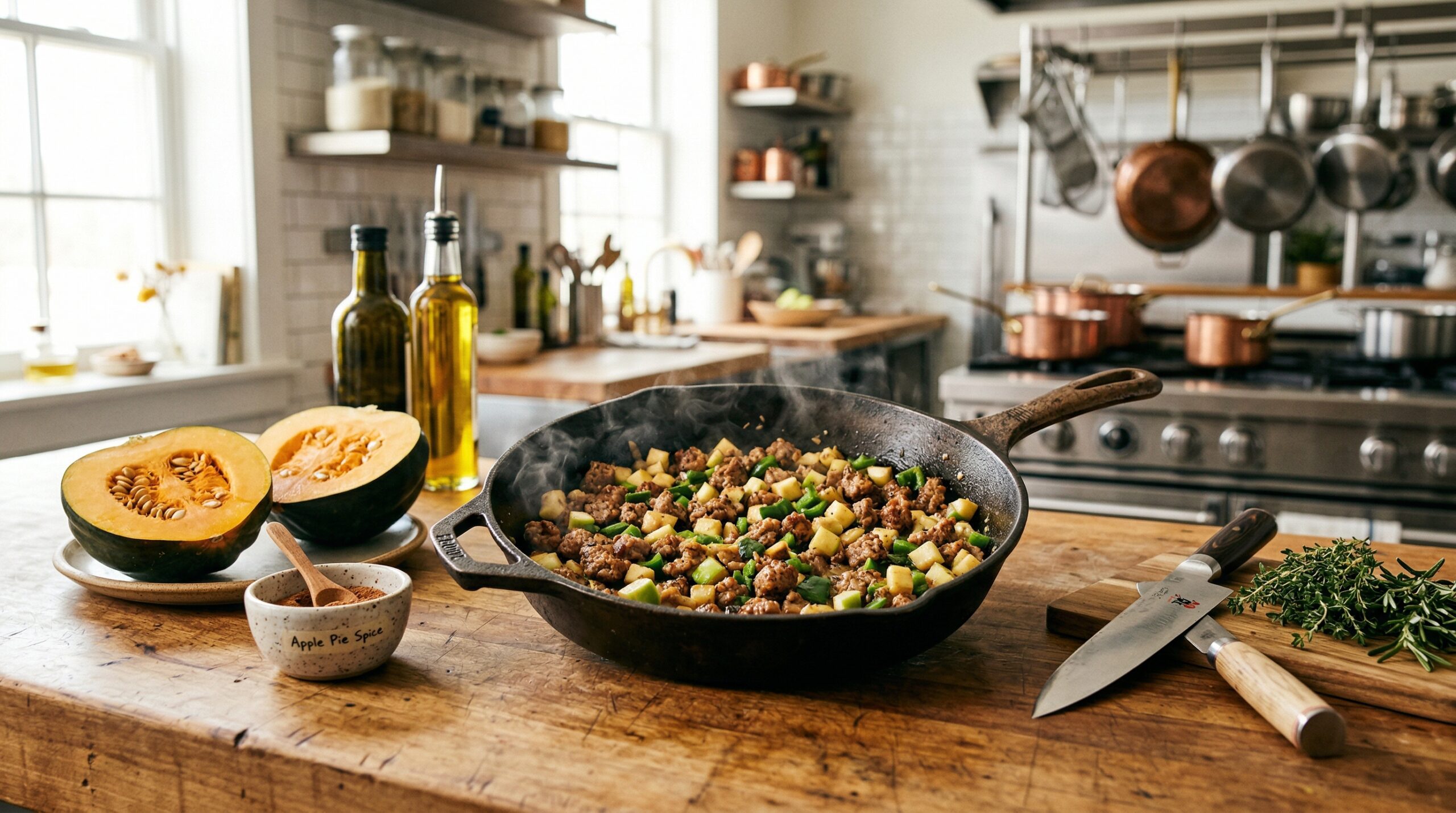Technical preparation of Italian sausage, Granny Smith apples, and poblano peppers in a cast-iron skillet