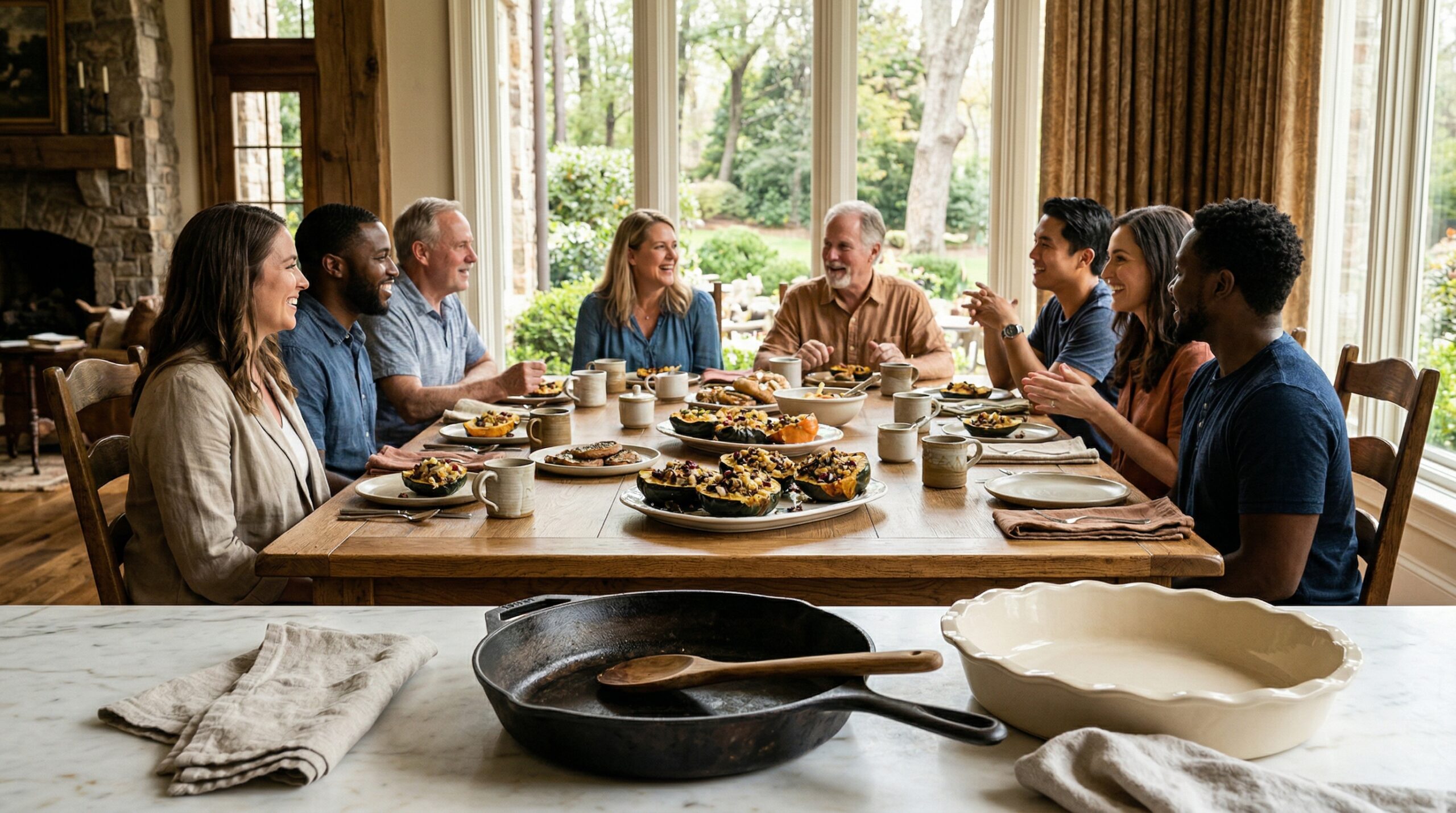 Weekend estate brunch for eight guests featuring stuffed acorn squash and steaming coffee