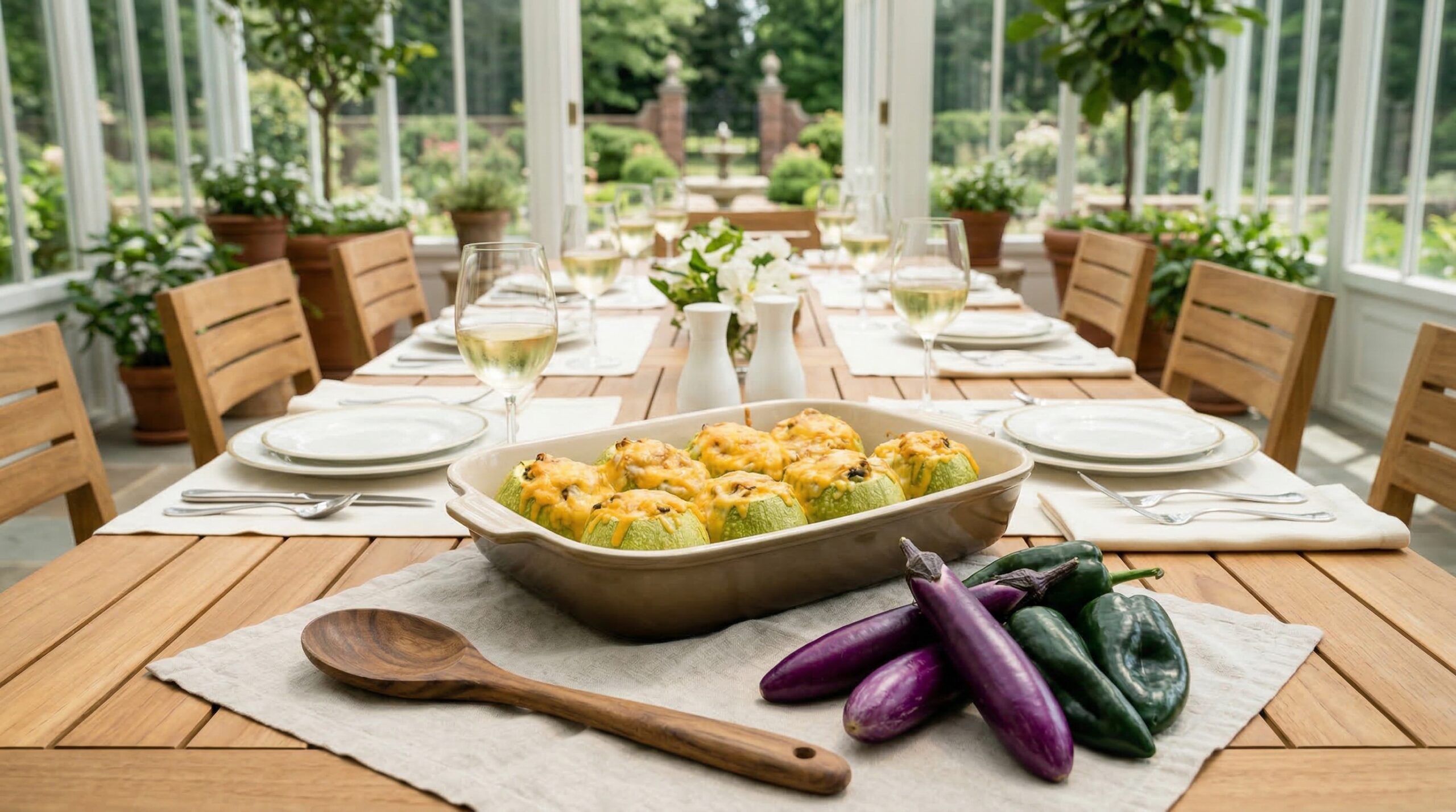 High-summer estate sunroom gathering for eight featuring abundant platters of Stuffed Cousa Squash