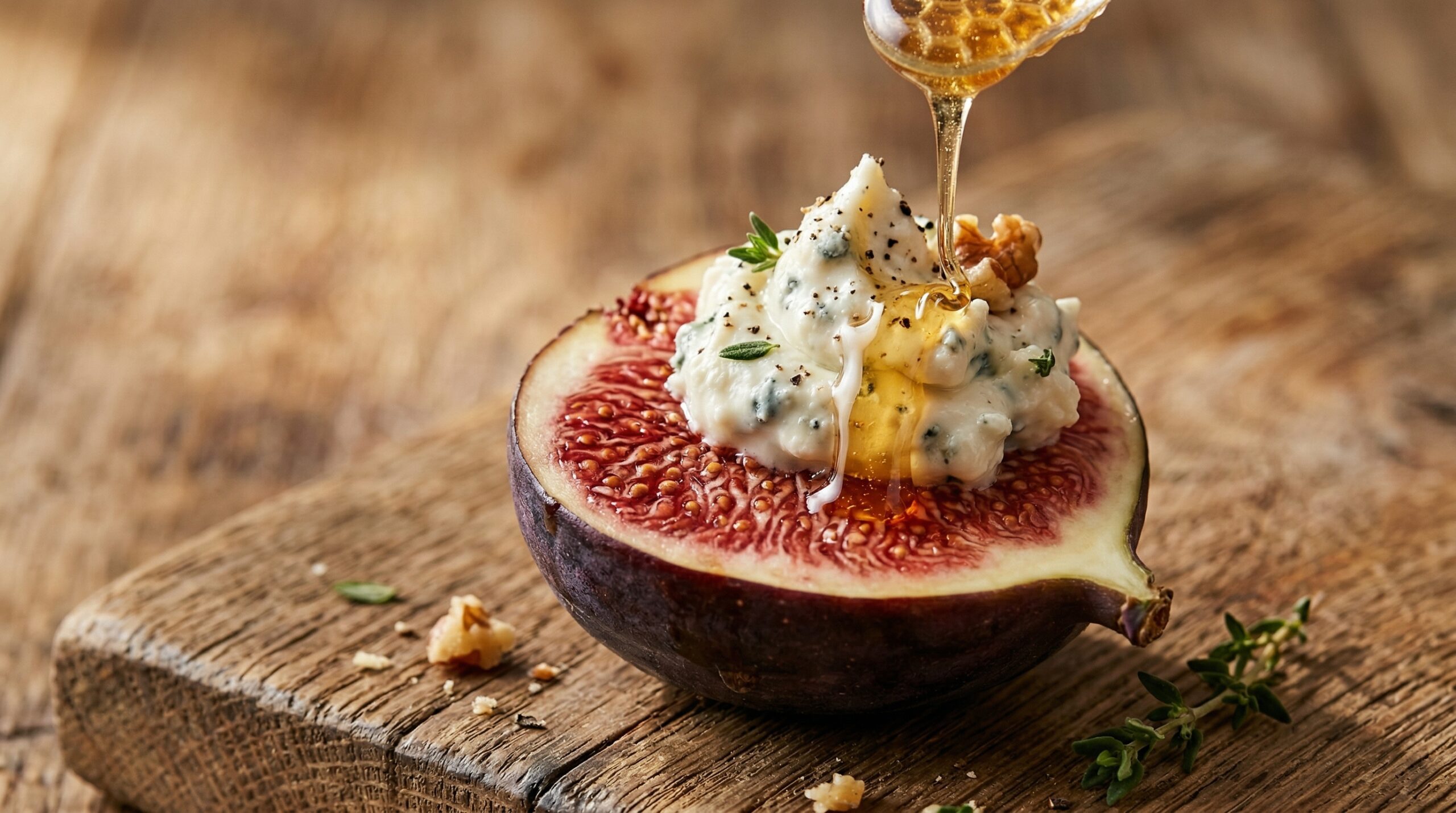 Macro detail of a blue cheese and honey stuffed fig, a technical anchor for the charcuterie board