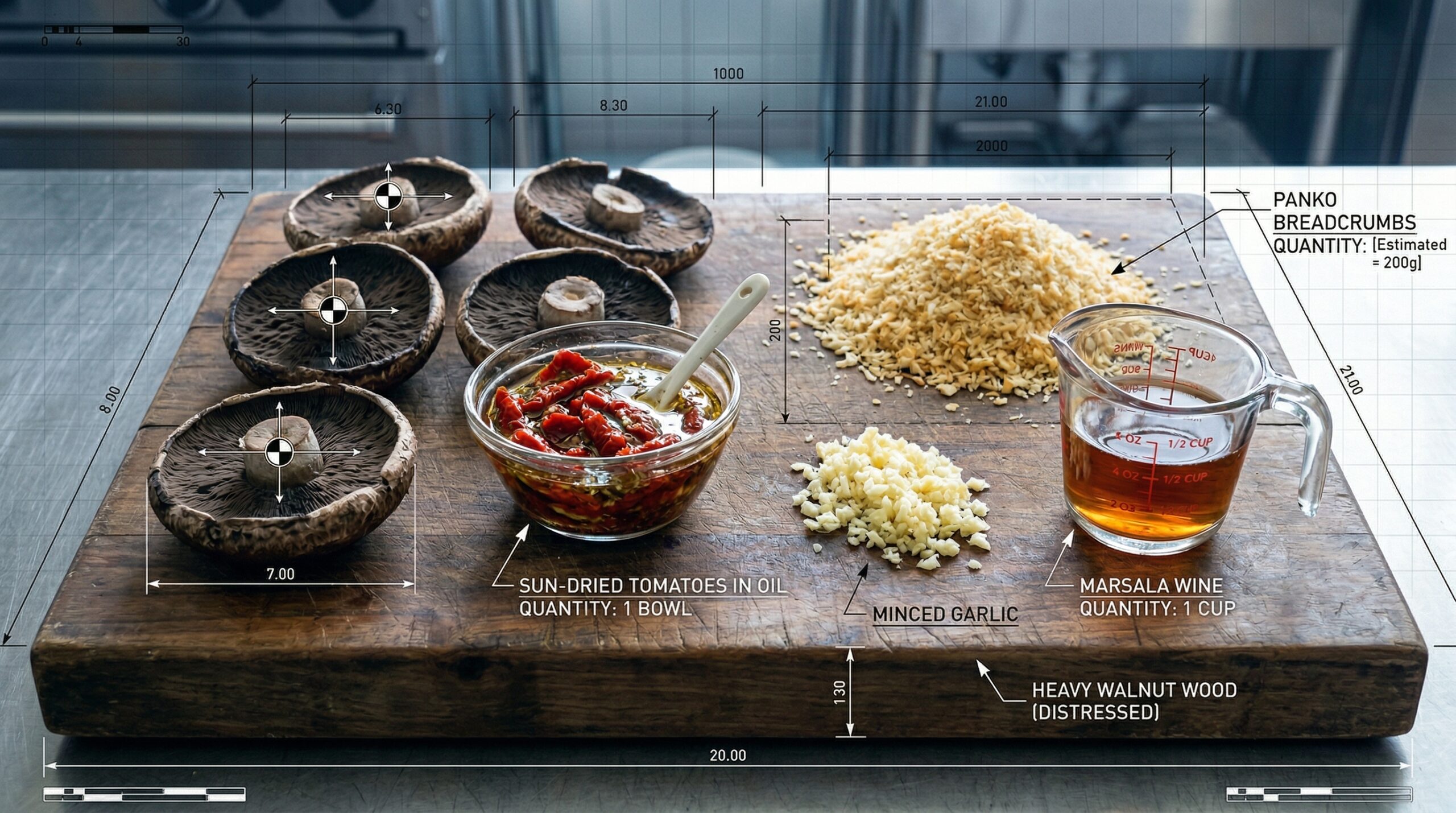 Large dark Portobello mushroom caps resting next to bright red sun-dried tomatoes, minced garlic, Marsala wine, and Panko breadcrumbs