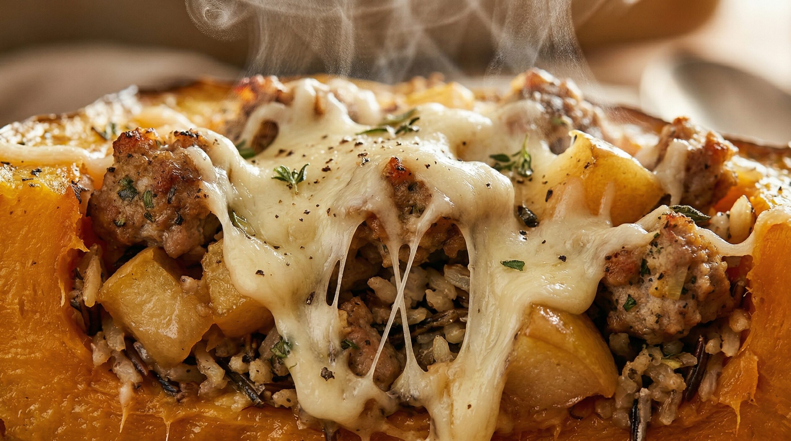 Macro detail of molten sharp cheddar bubbling over savory sausage and roasted apple stuffing