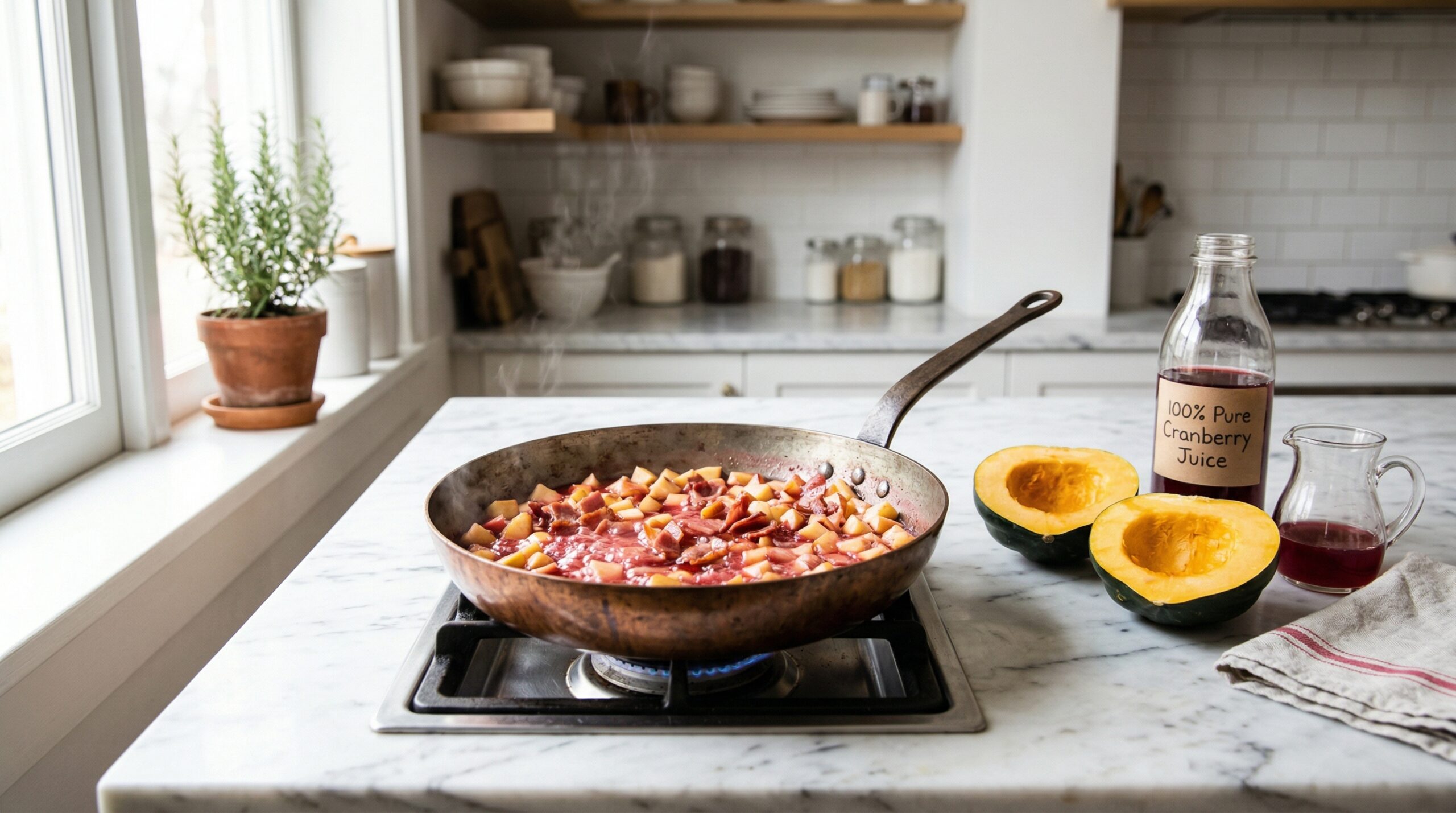 Technical preparation of turkey bacon and apples simmering in a cranberry juice and butter reduction