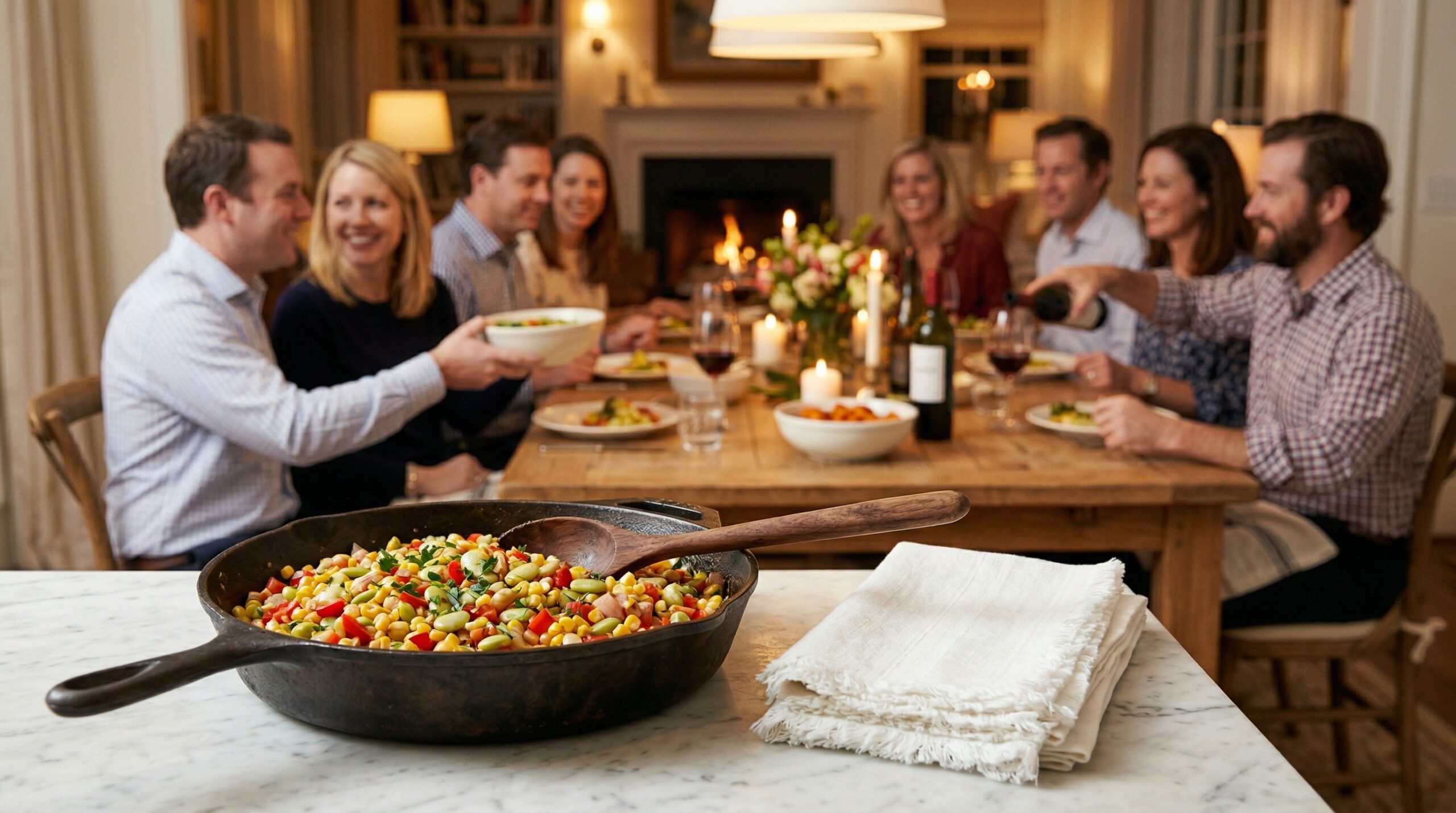 A heavy cast-iron skillet and wooden serving spoon in sharp focus in the foreground, with an elegant, softly lit dining room gathering blurred in the background