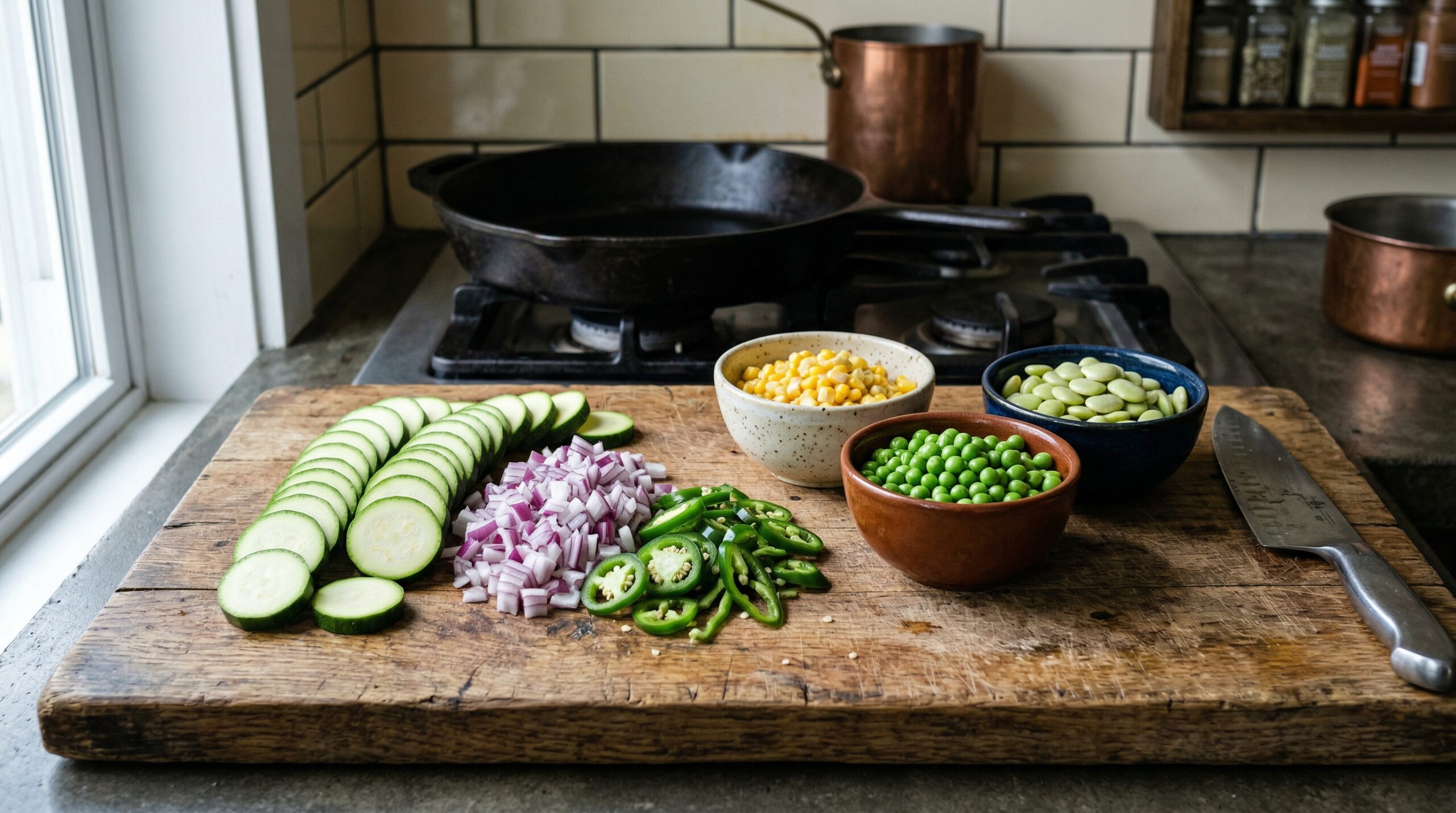 Sliced green zucchini, diced red onions, jalapeños, and bowls of corn and lima beans resting on a wooden prep board