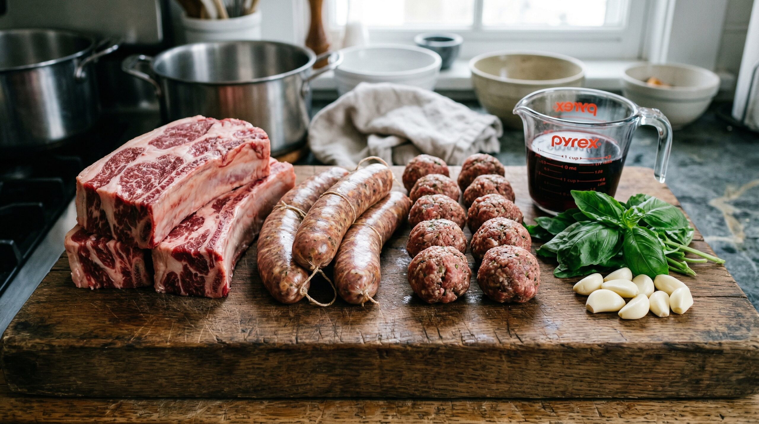 Thick beef short ribs, Italian sausage, and hand-rolled meatballs resting on a wooden cutting board next to a glass of red wine