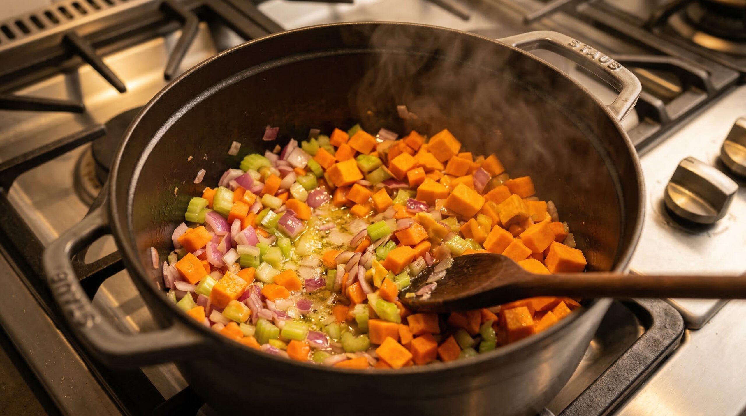 Aromatic mirepoix and vibrant sweet potatoes sweating in melted butter inside a heavy Dutch oven
